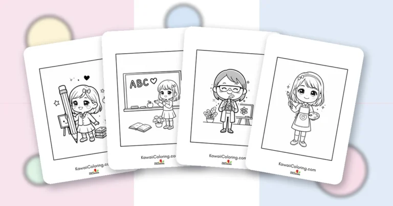 Preview collage of kawaii teacher coloring pages printable designs