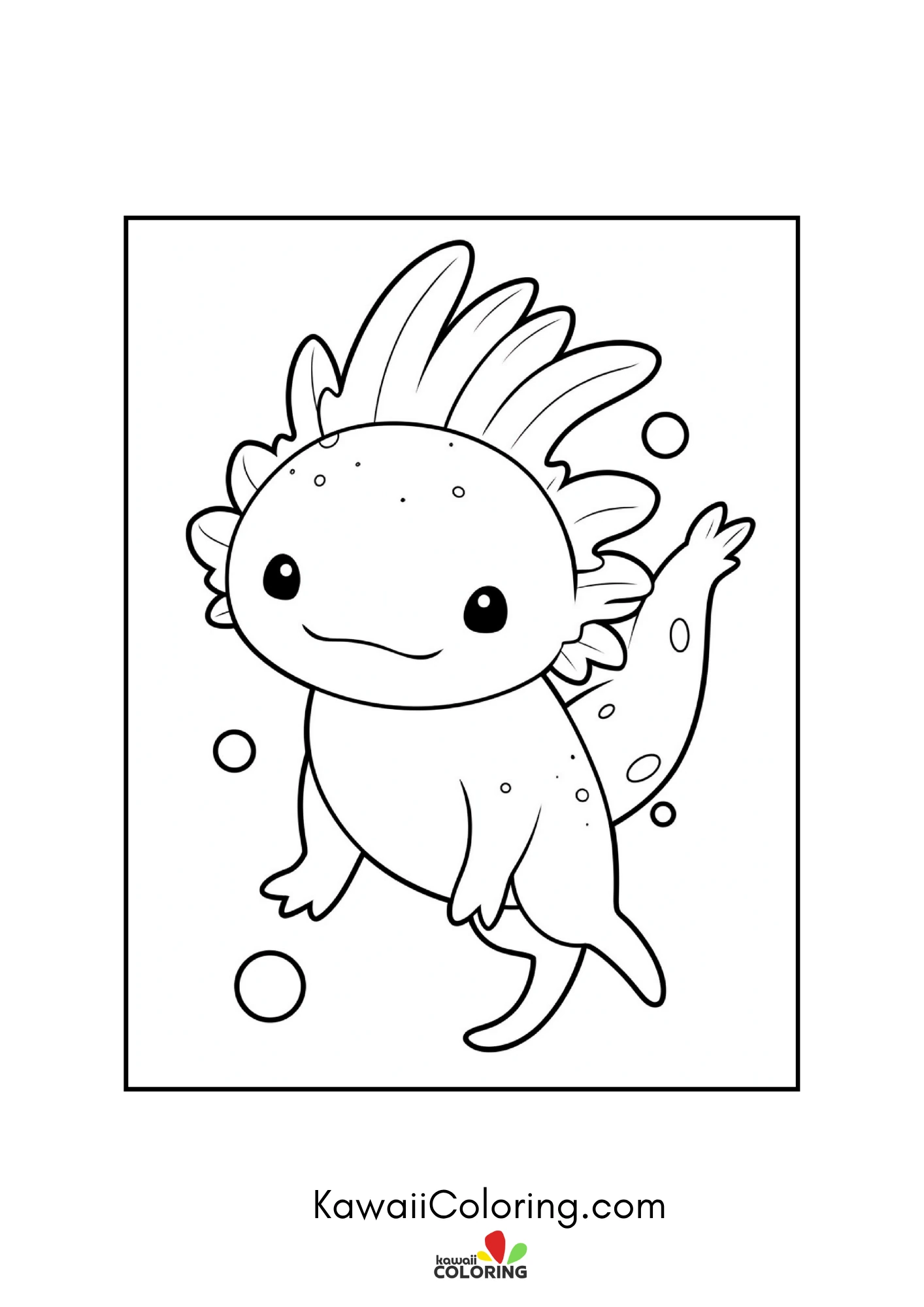 Smiling axolotl underwater with bubbles