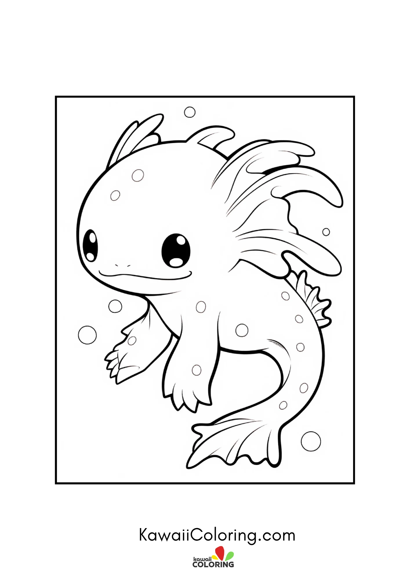 Kawaii axolotl with frilly gills and bubbles