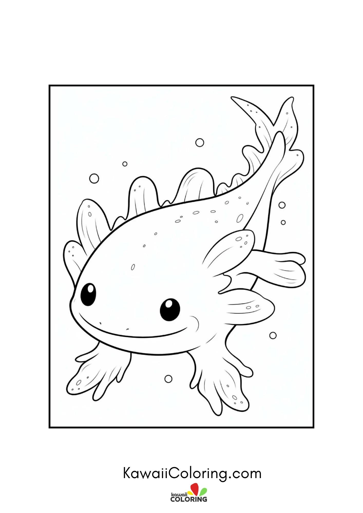 Smiling axolotl underwater with bubbles