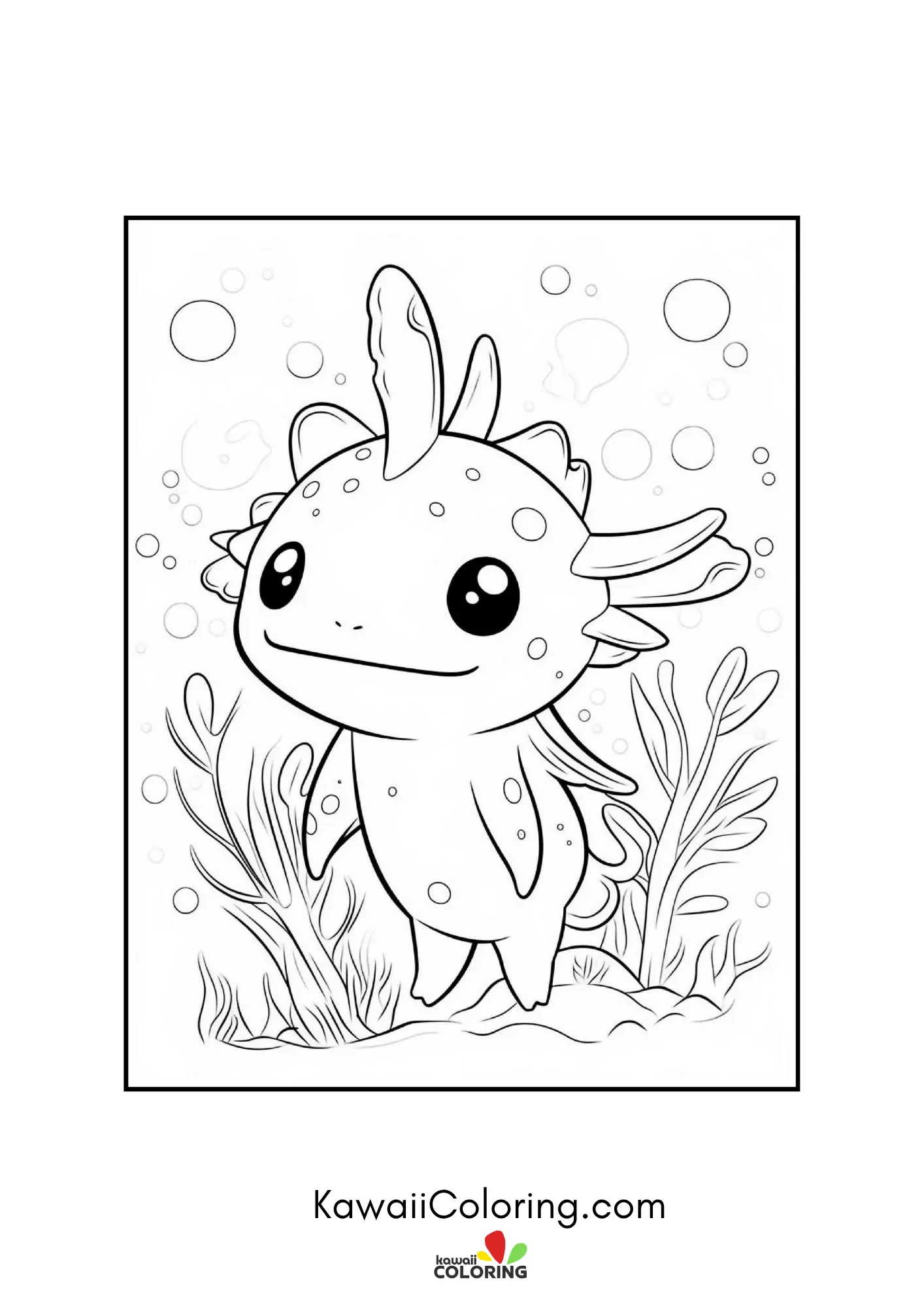 Smiling axolotl underwater with bubbles