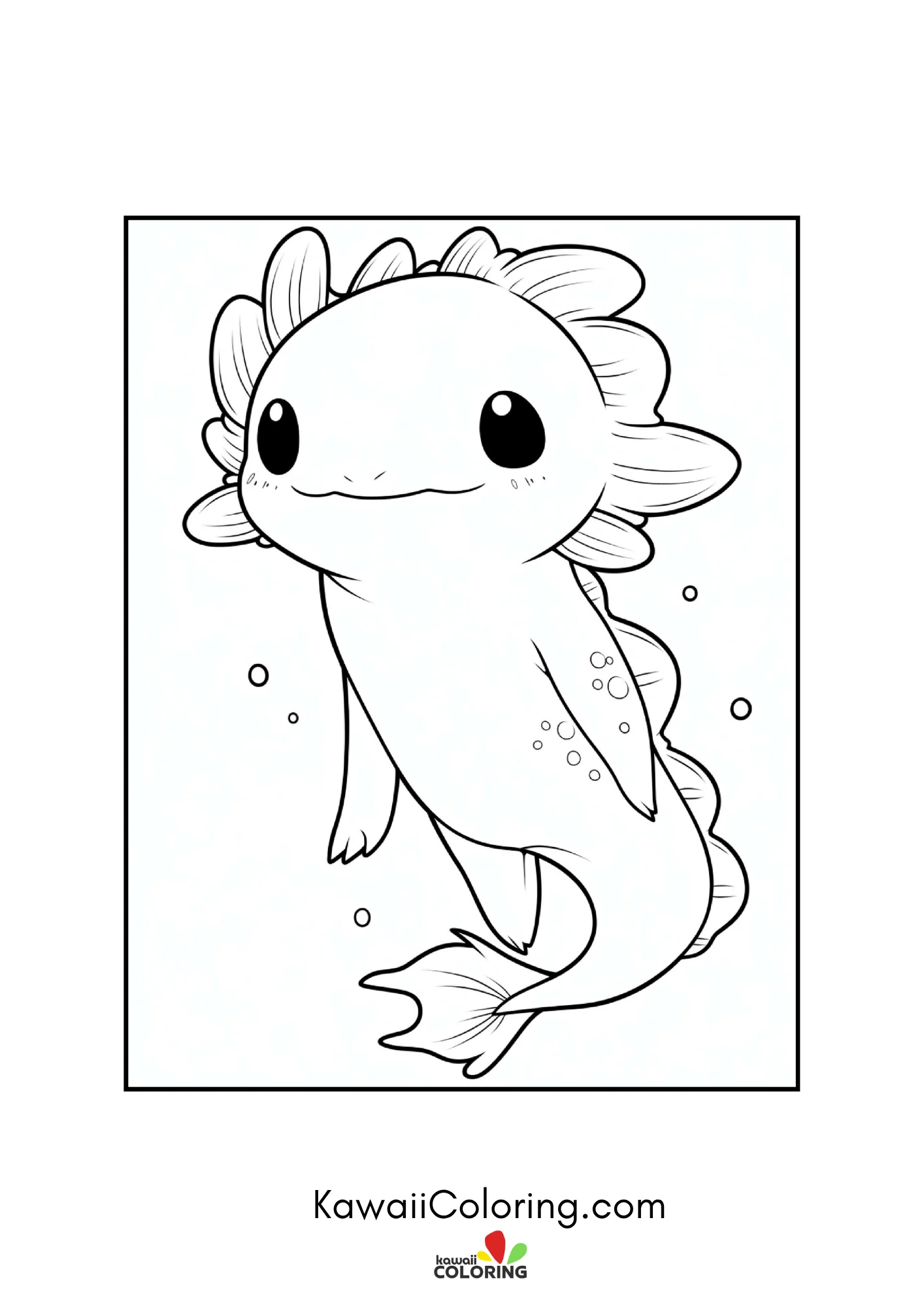 Kawaii axolotl with frilly gills and bubbles