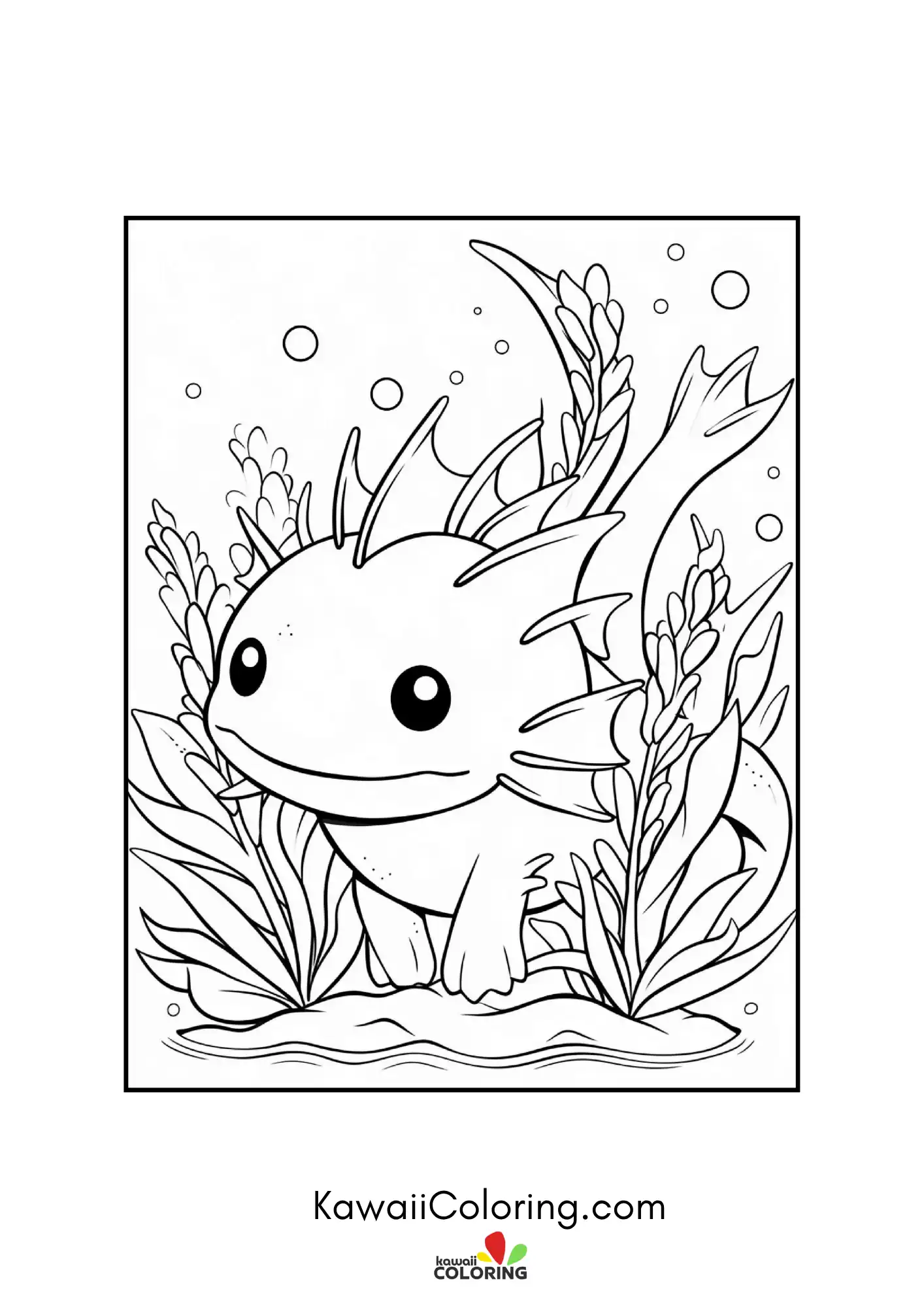 Happy axolotl floating in a pond scene