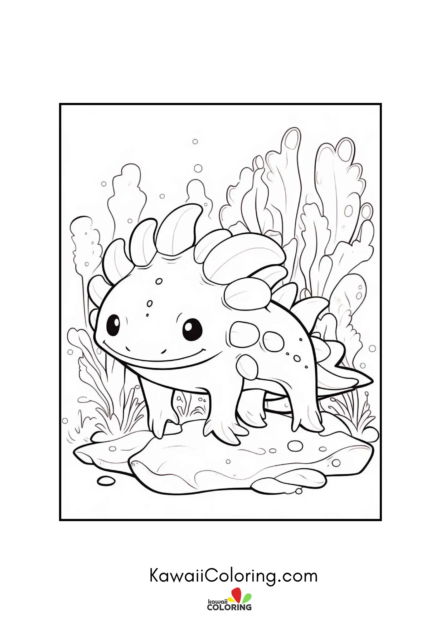 Smiling axolotl underwater with bubbles