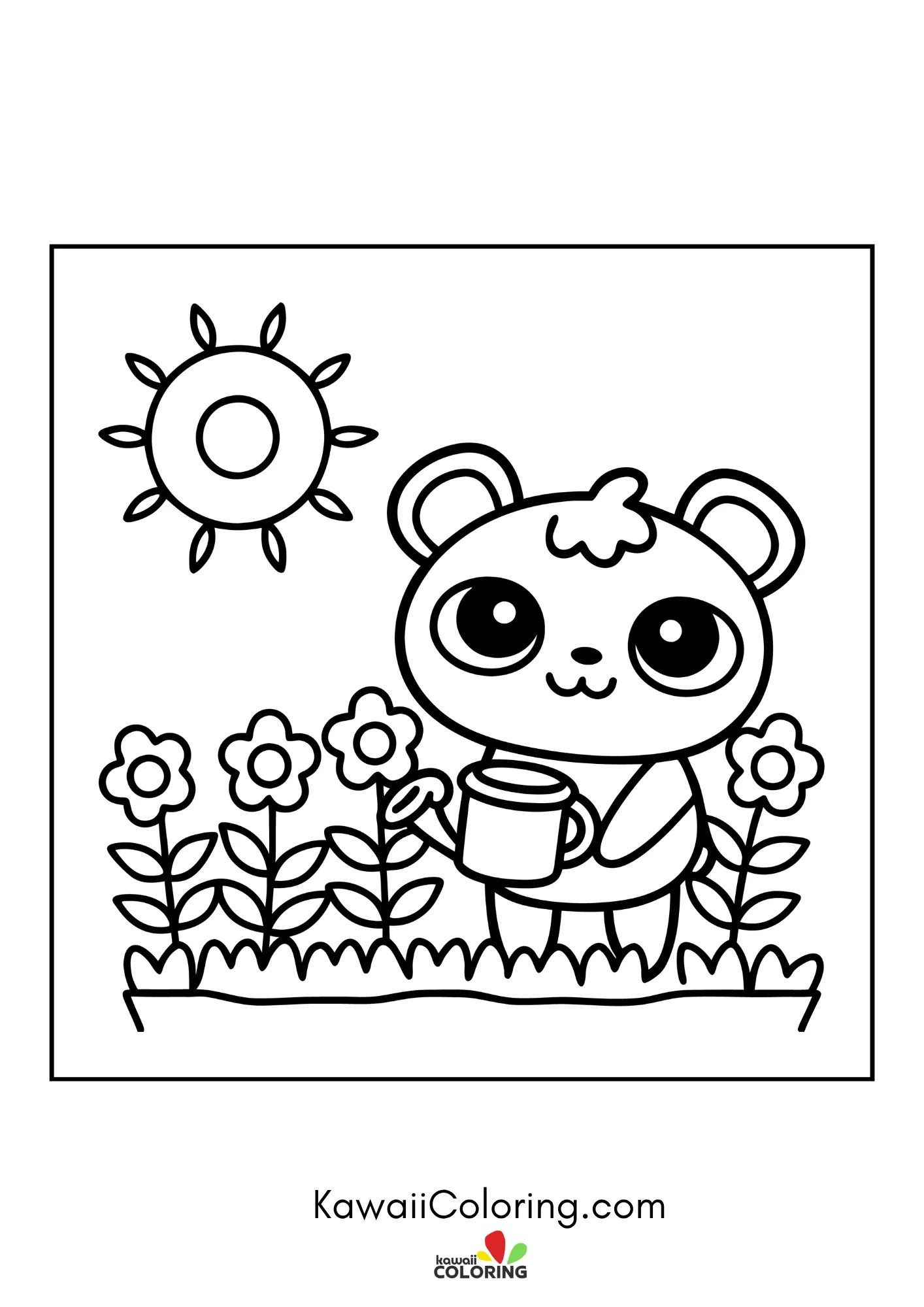 Cute bear sitting with hearts and flowers
