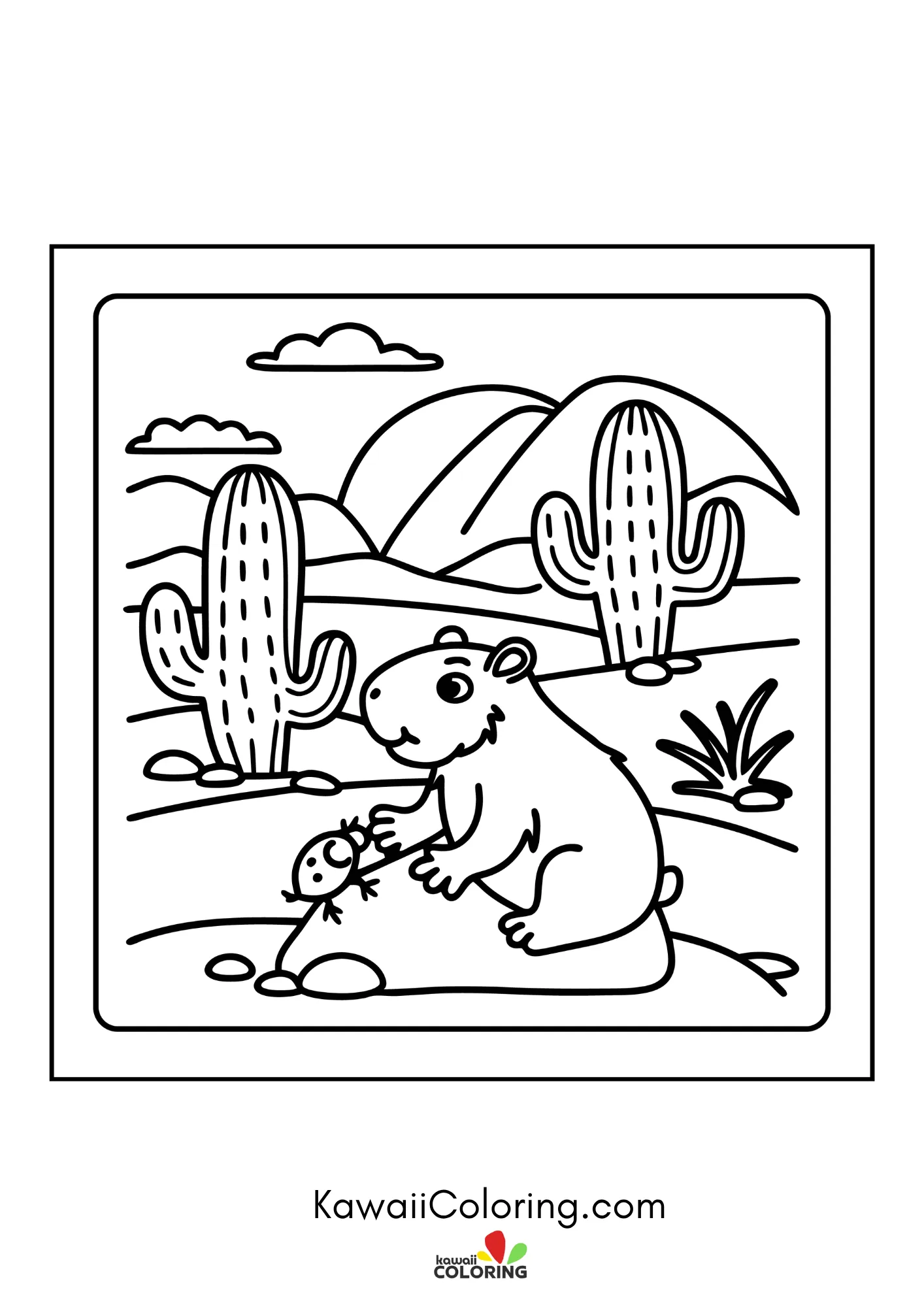 Round capybara surrounded by leaves