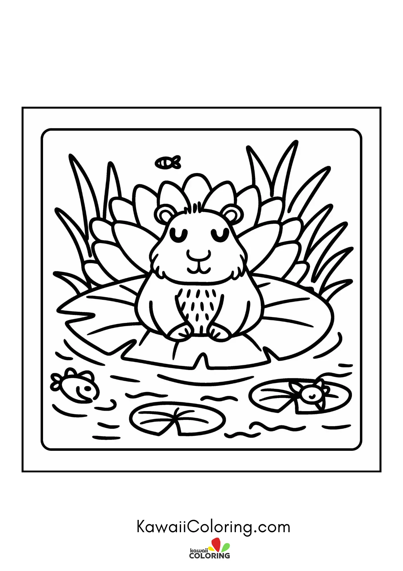Cute capybara sitting with flowers