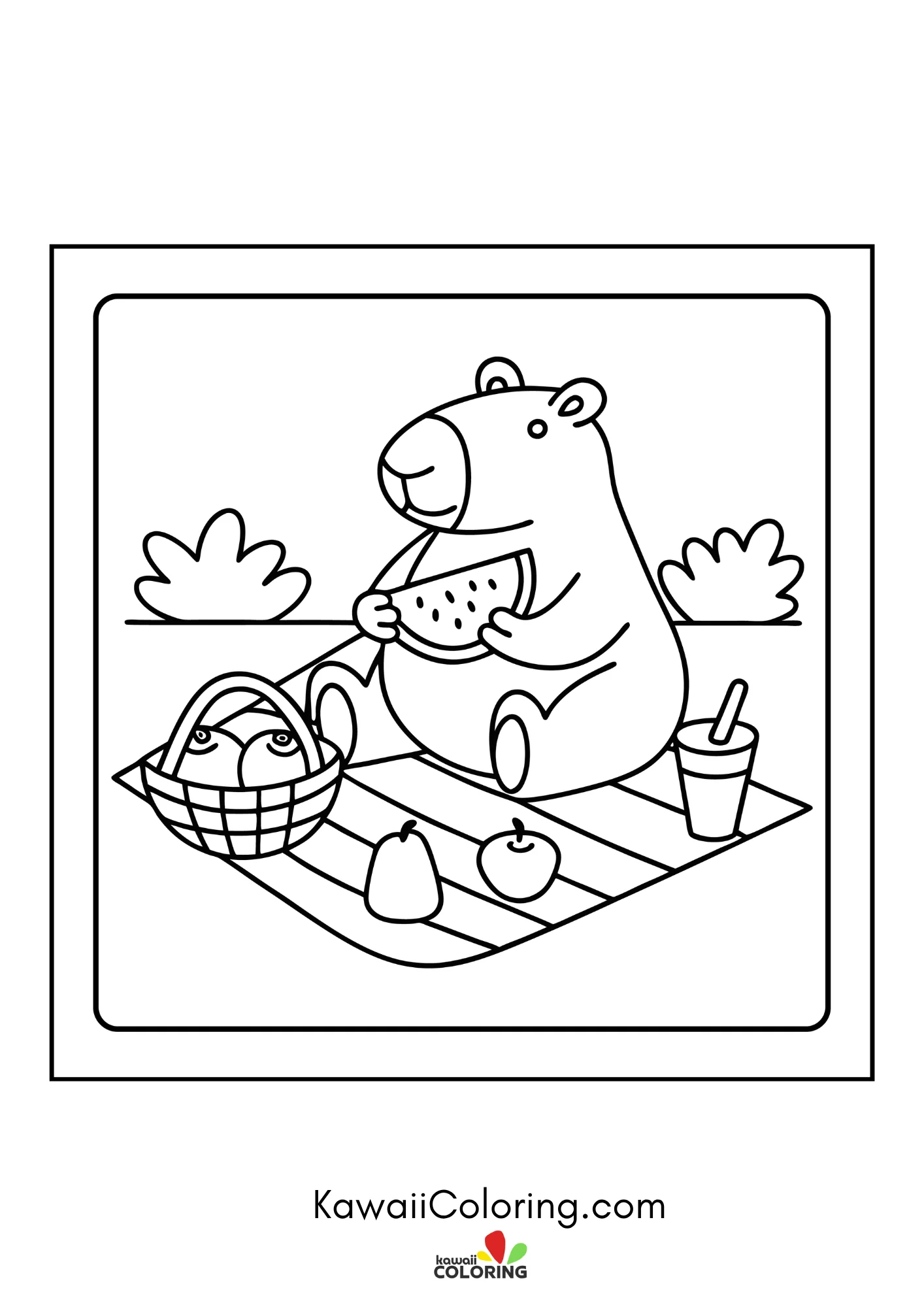 Round capybara surrounded by leaves