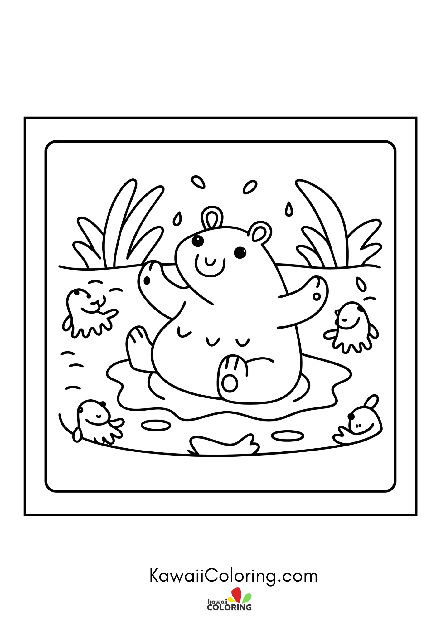 Kawaii capybara relaxing near plants