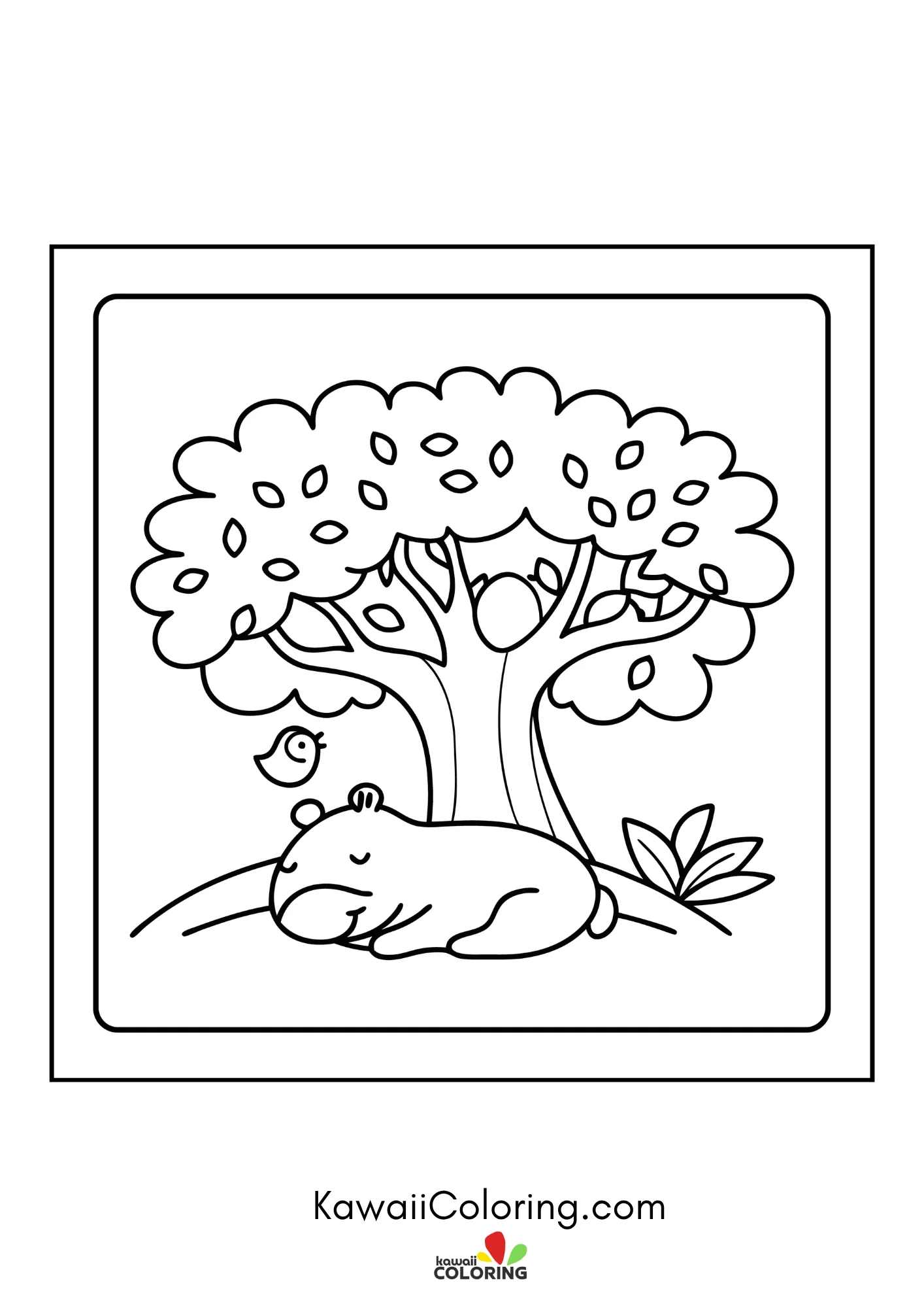 Round capybara surrounded by leaves