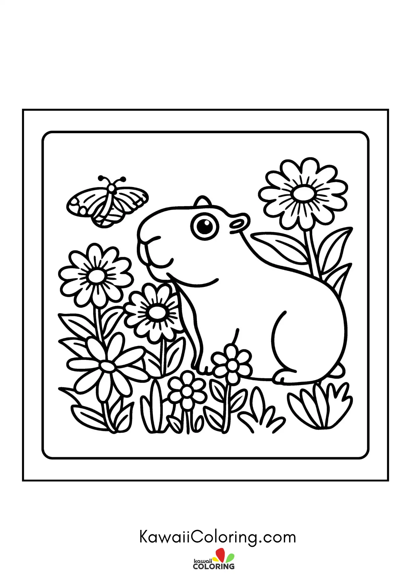 Cute capybara sitting with flowers