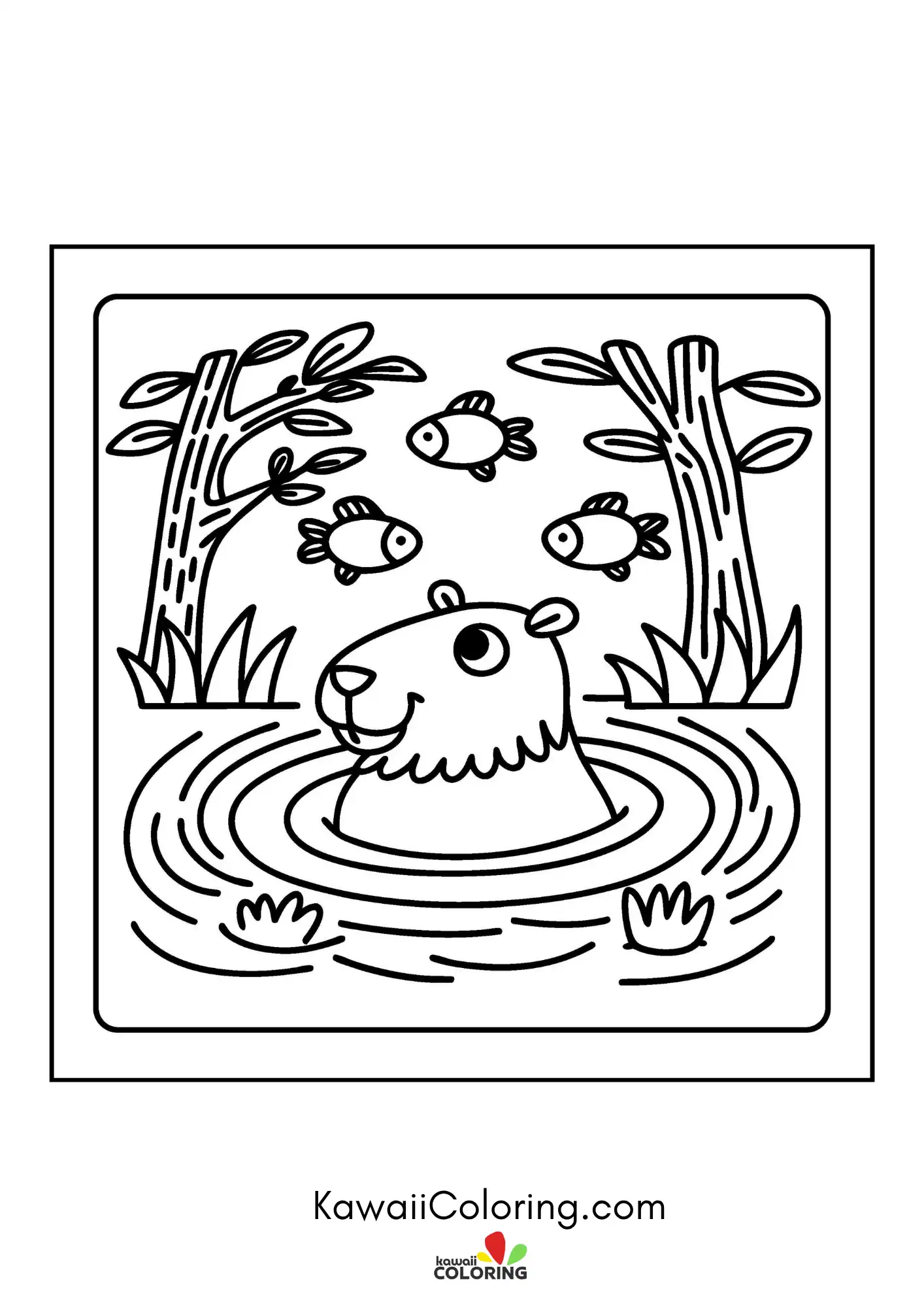Kawaii capybara relaxing near plants