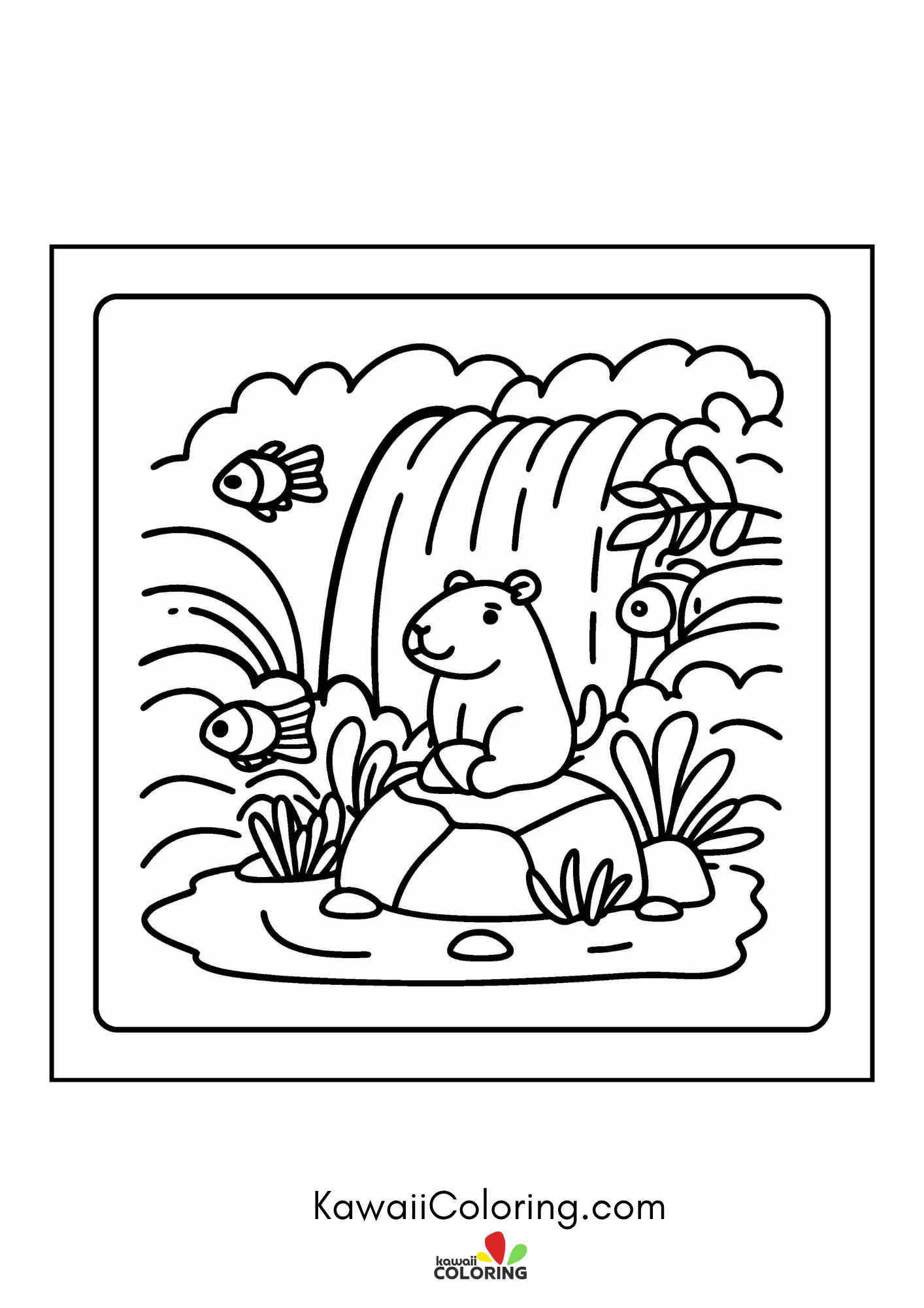 Kawaii capybara relaxing near plants