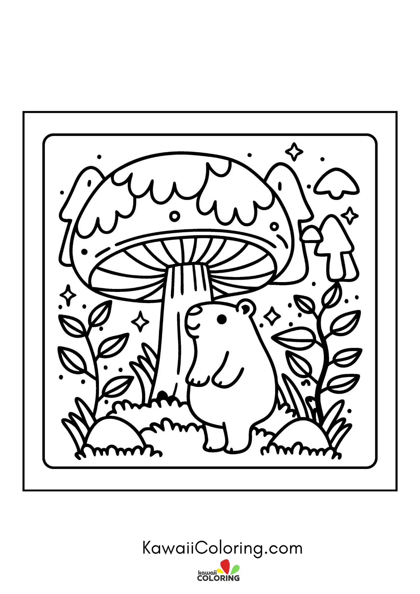 Kawaii capybara relaxing near plants