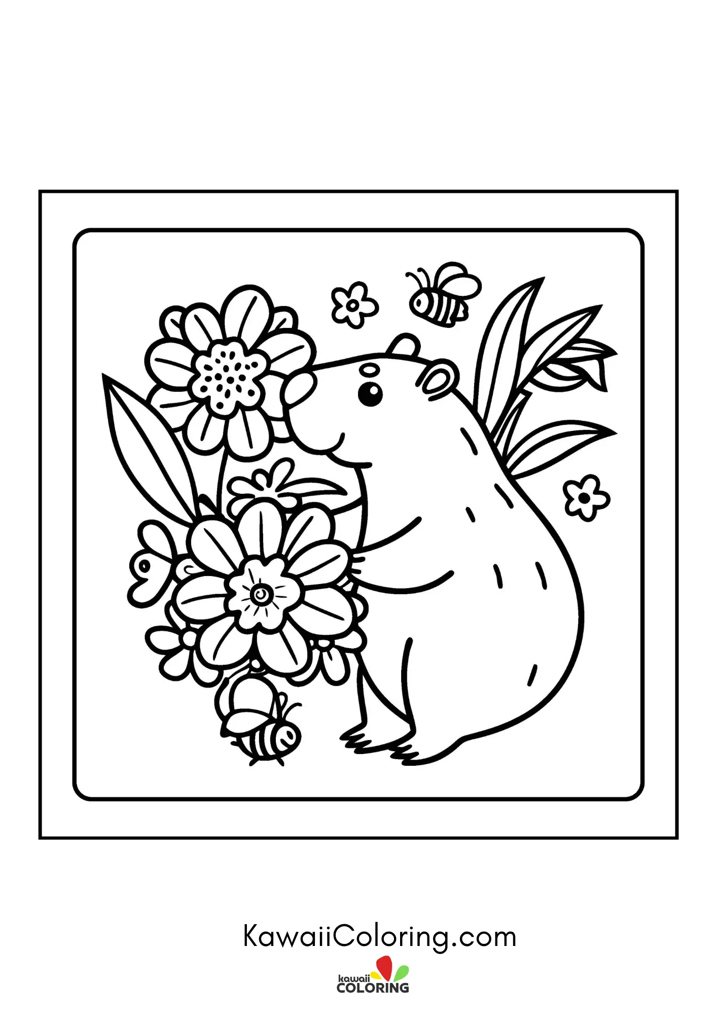 Round capybara surrounded by leaves