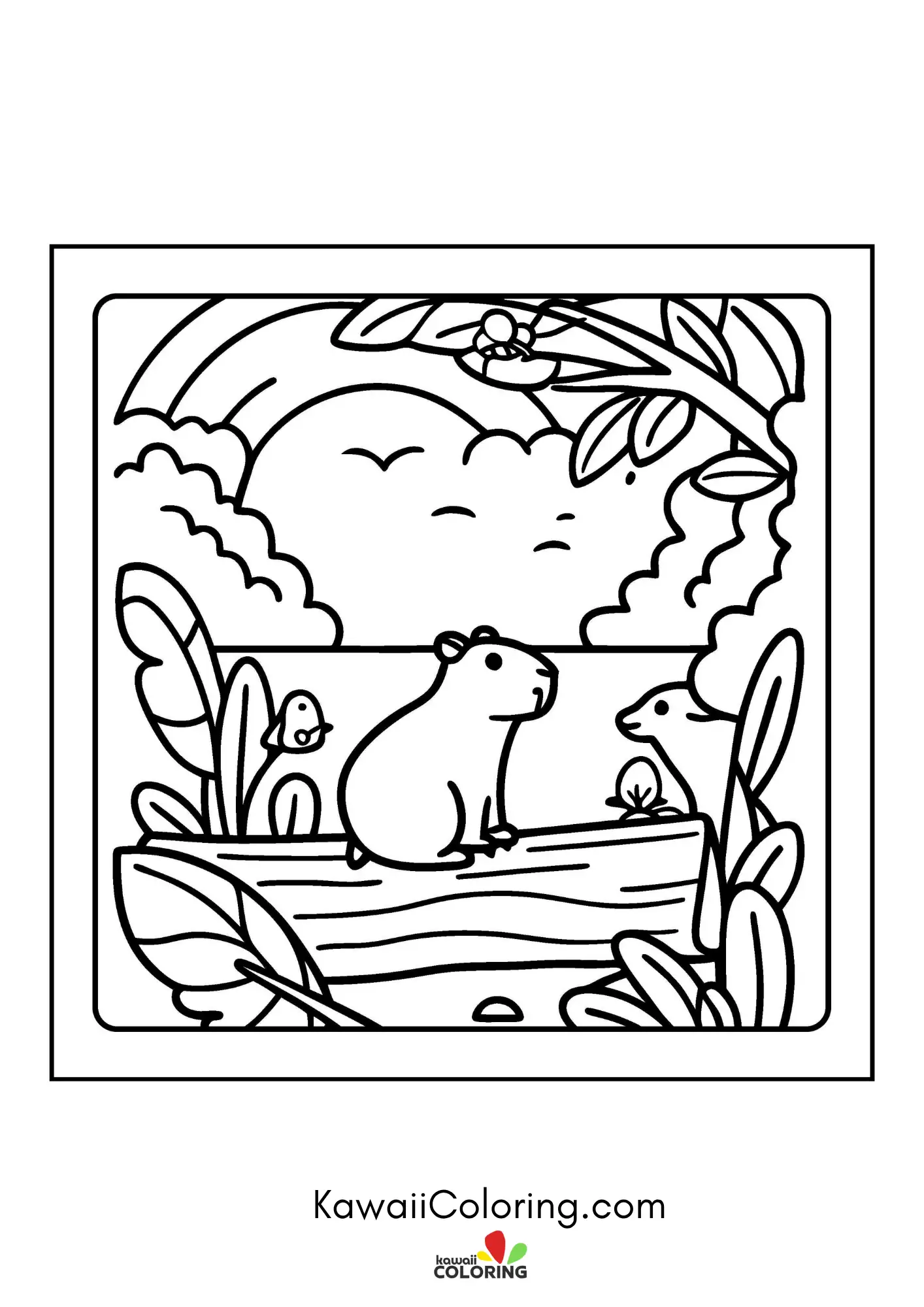 Cute capybara sitting with flowers