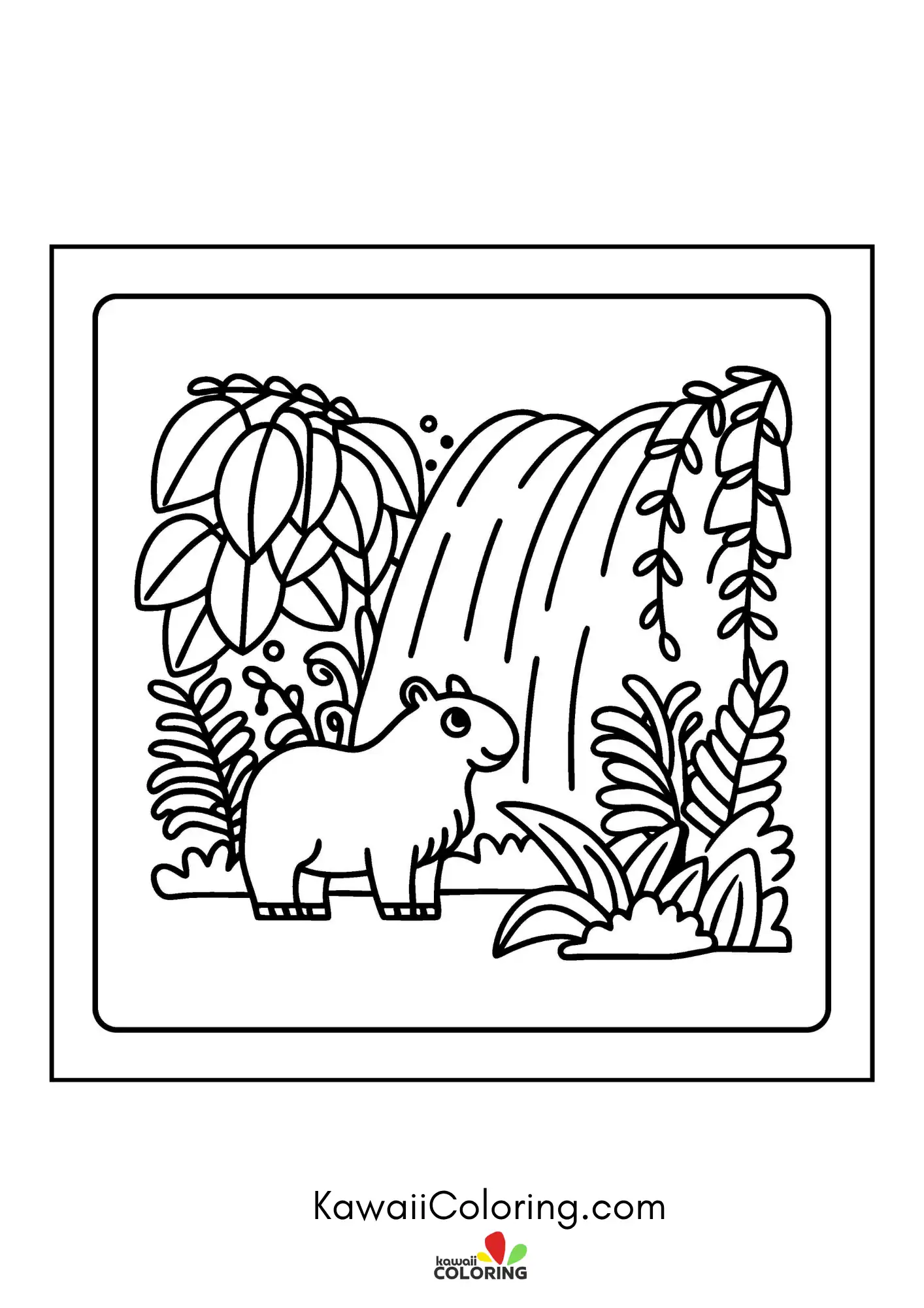 Kawaii capybara relaxing near plants