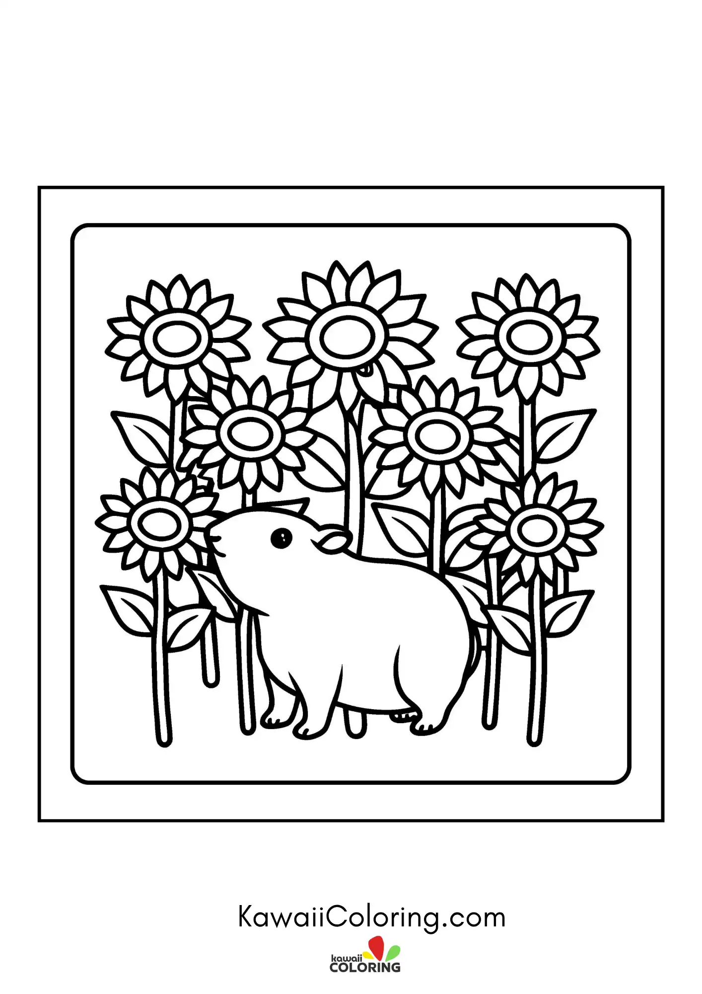 Round capybara surrounded by leaves