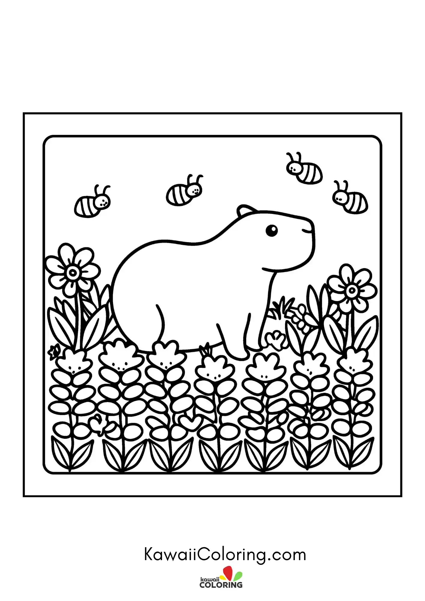 Cute capybara sitting with flowers