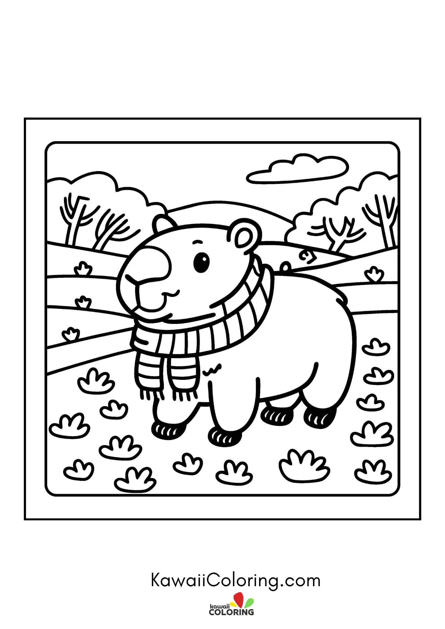 Smiling capybara in a simple nature scene