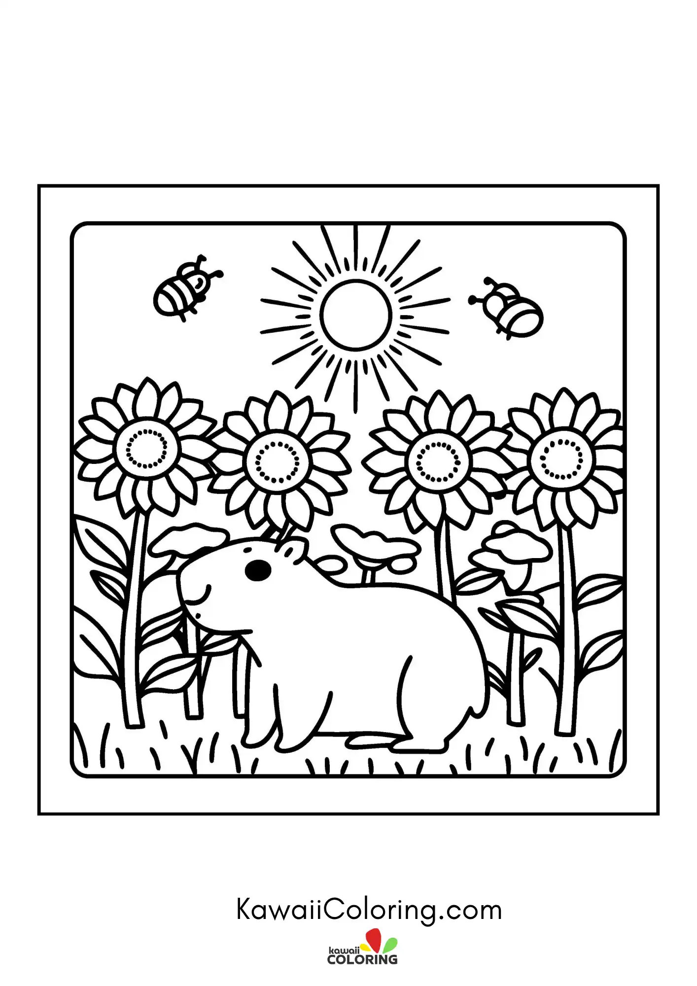 Kawaii capybara relaxing near plants