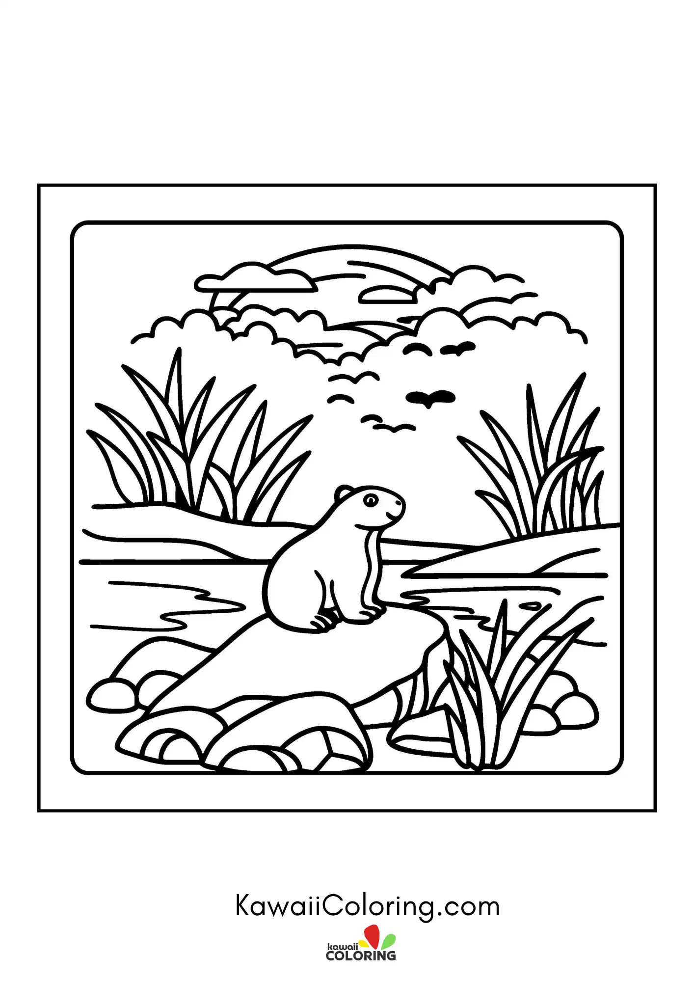 Round capybara surrounded by leaves