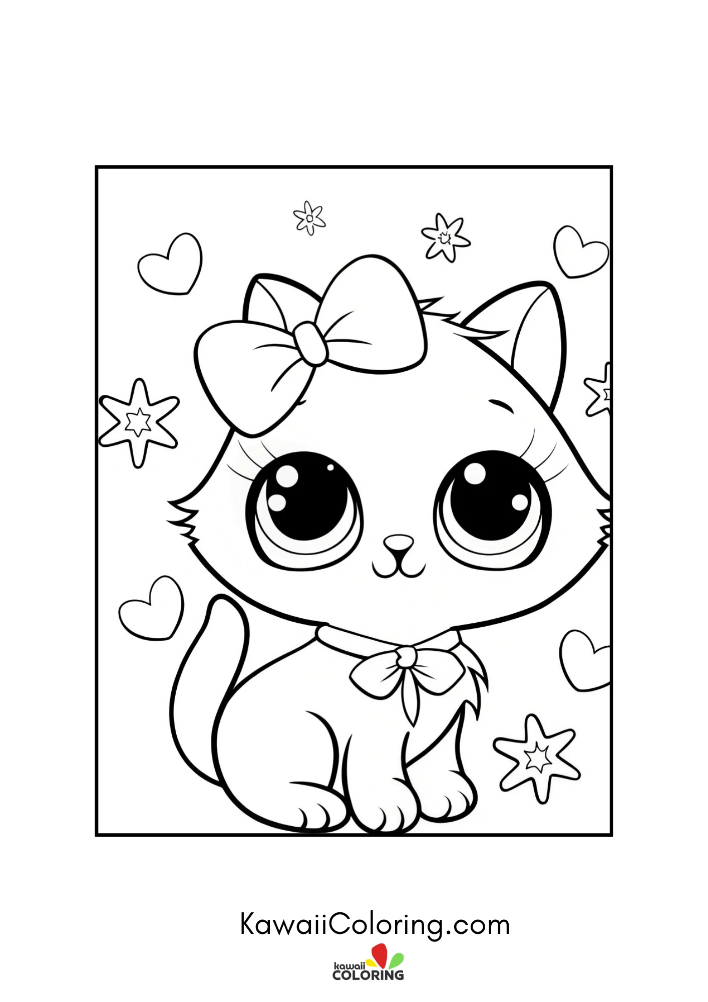 Big-eyed kitten with bow, hearts, and stars