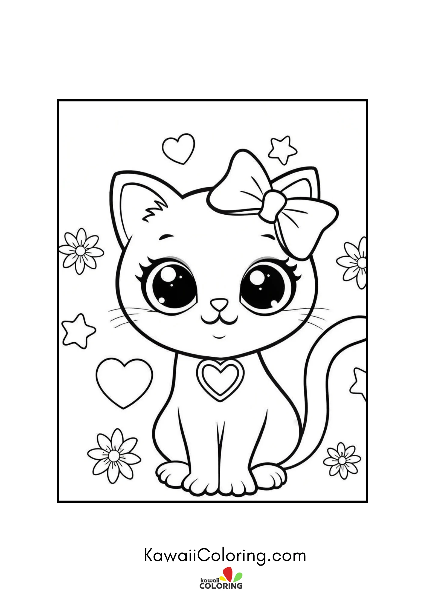 Simple sitting kitten with bow and flowers