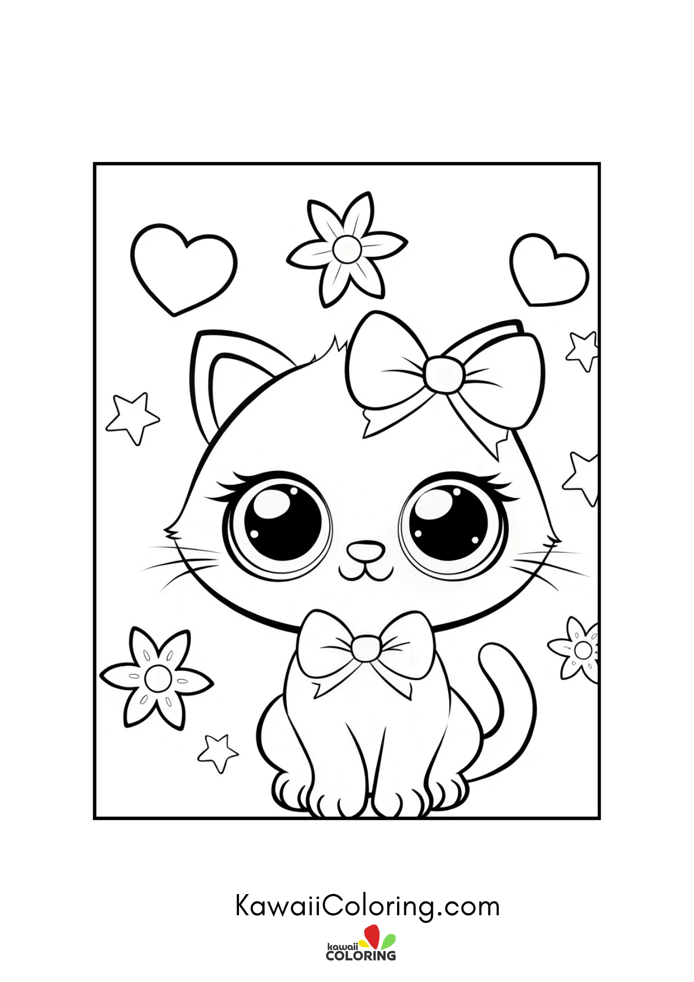 Round-eyed kitten with bow, flowers, and hearts