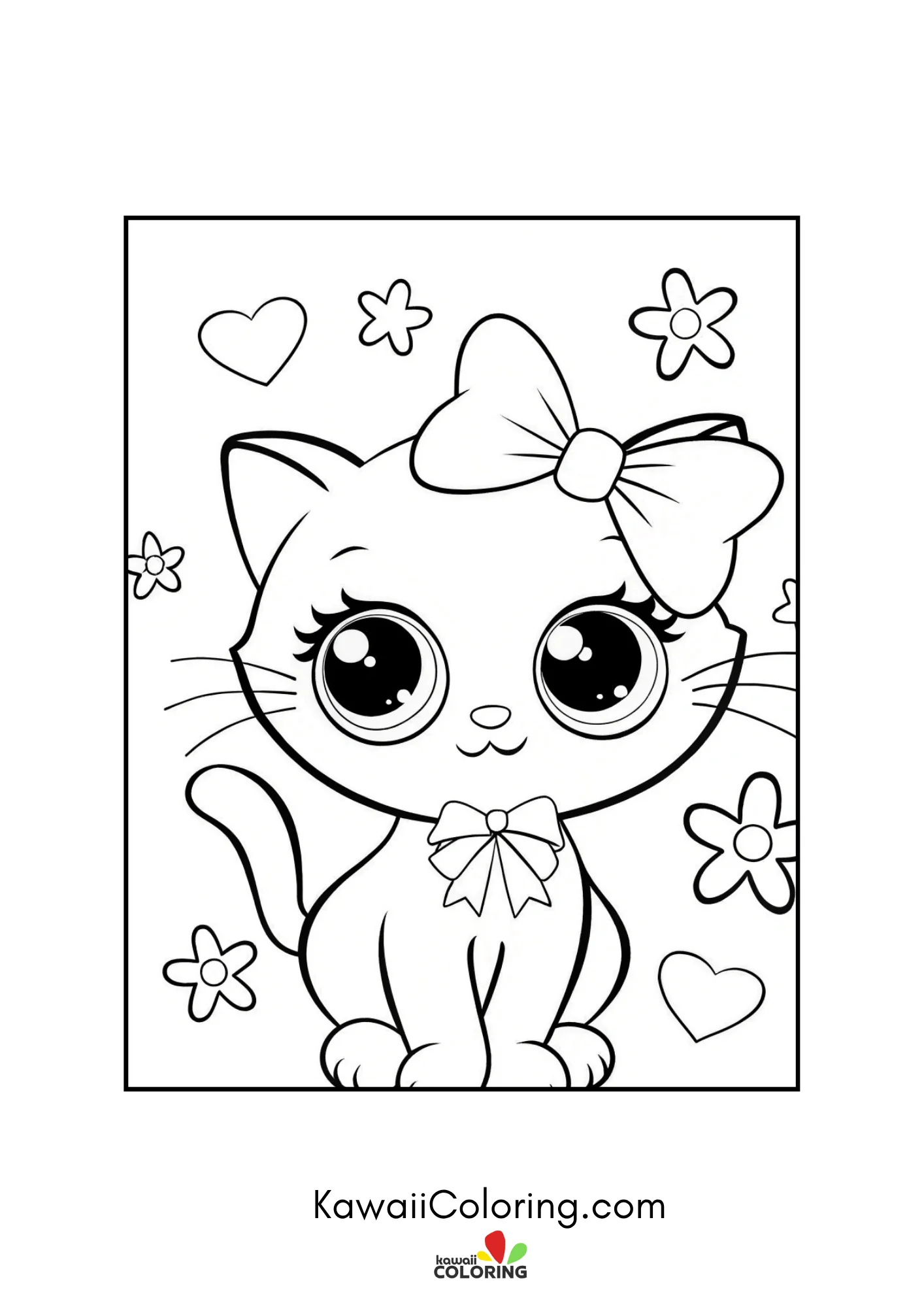 Fluffy kitten with bow in flower frame