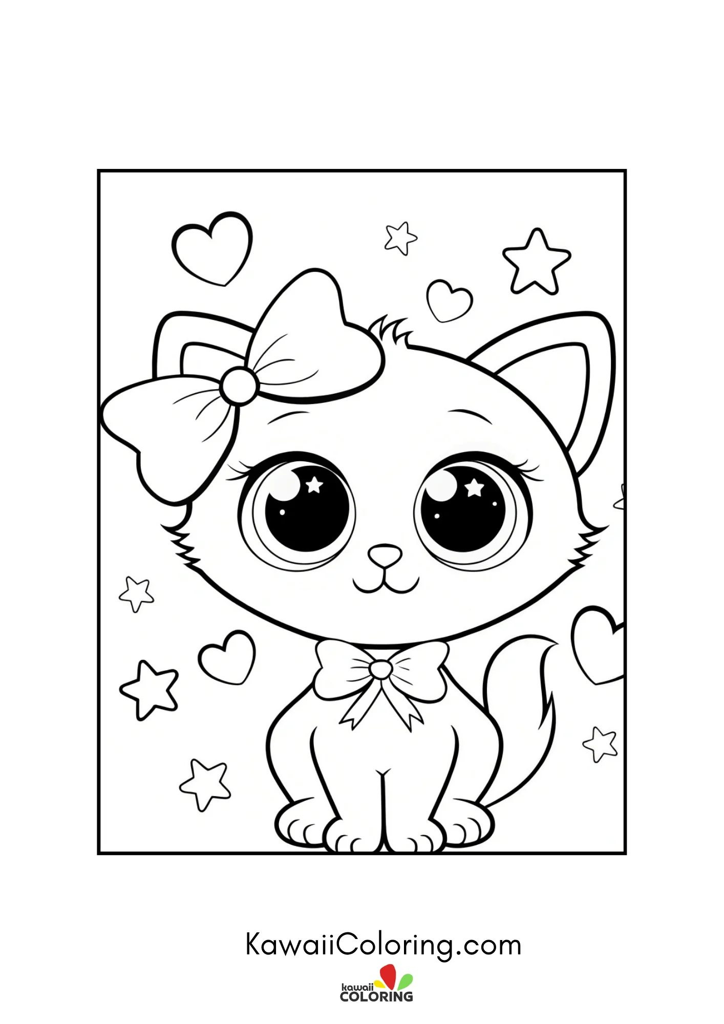 Sitting kitten with bow, hearts, and stars