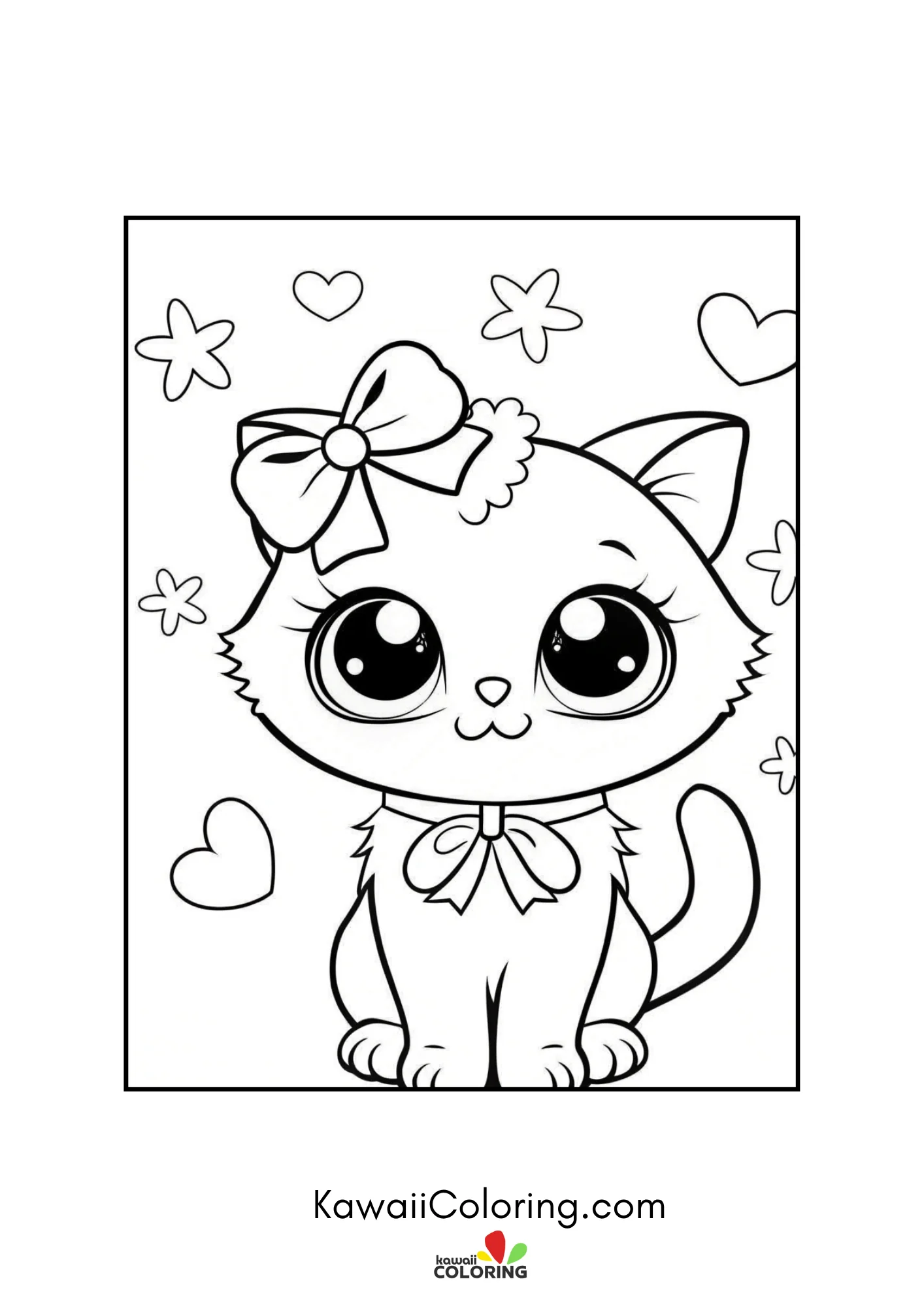 Small kitten with bow and starry hearts