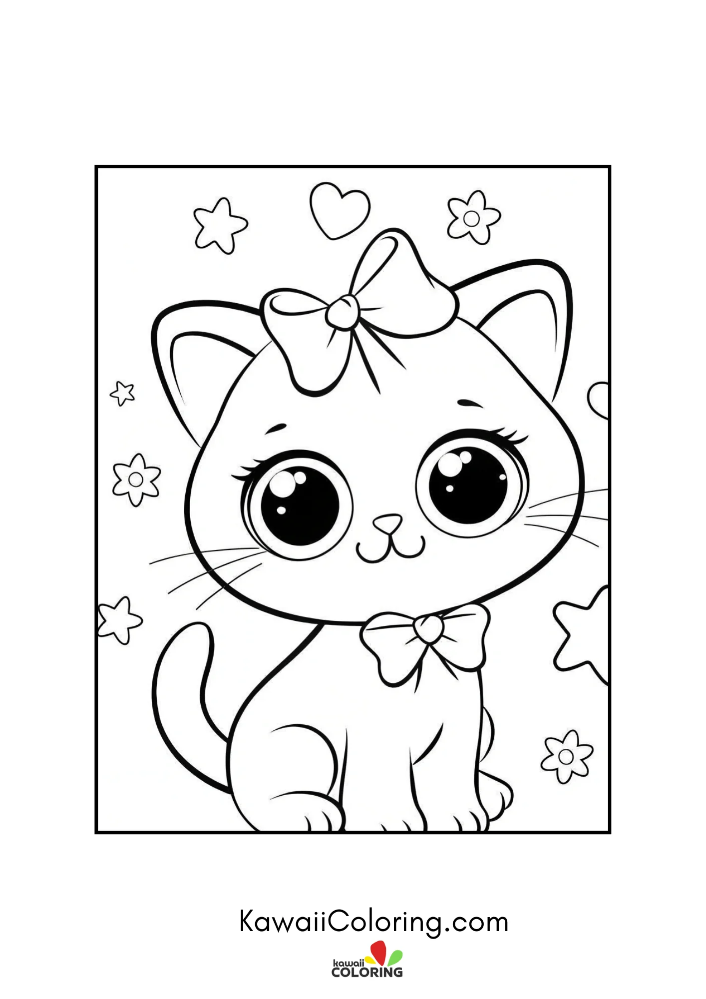 Sitting kitten with bow, stars, and flowers