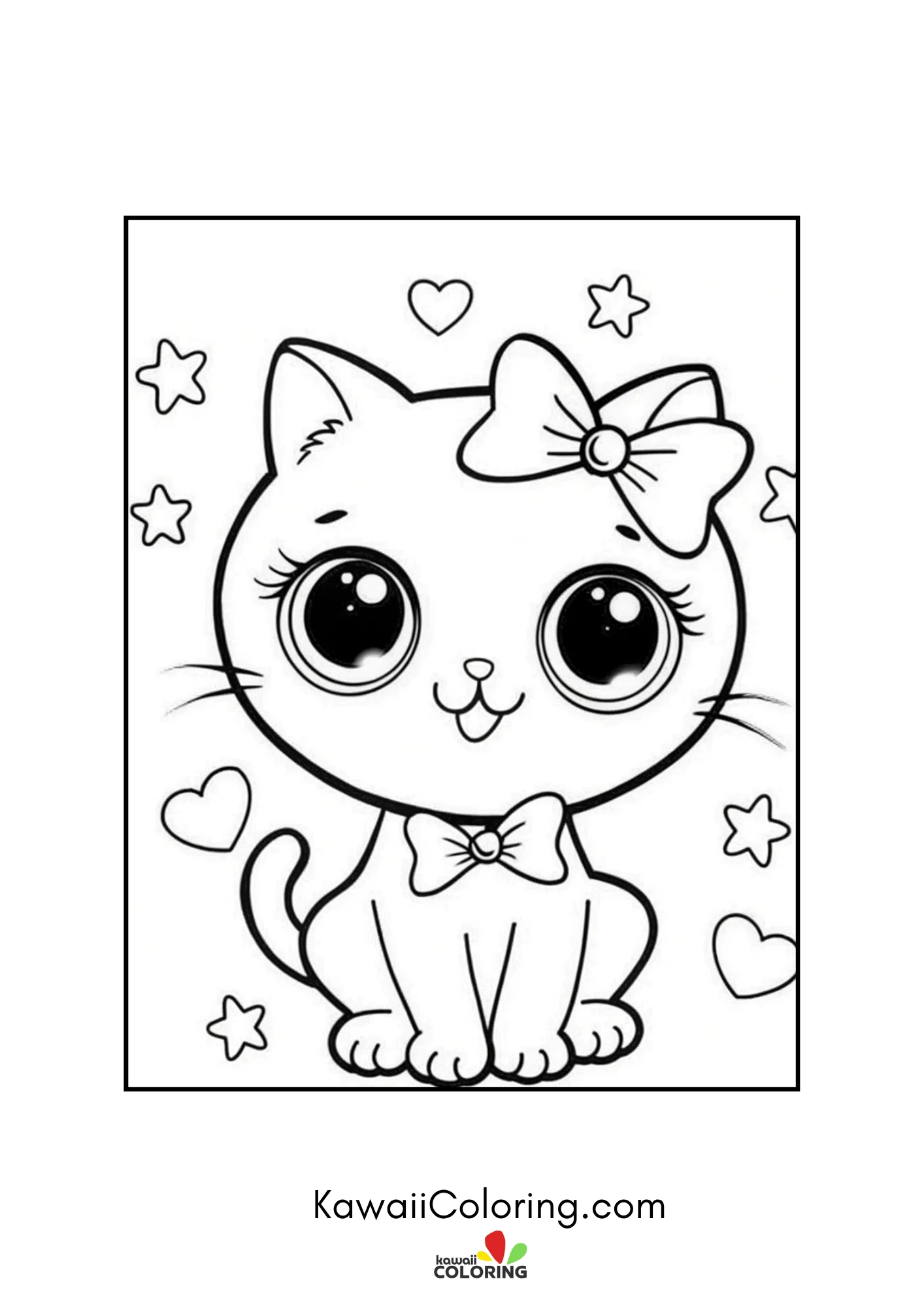 Wide-eyed kitten with bow and small stars