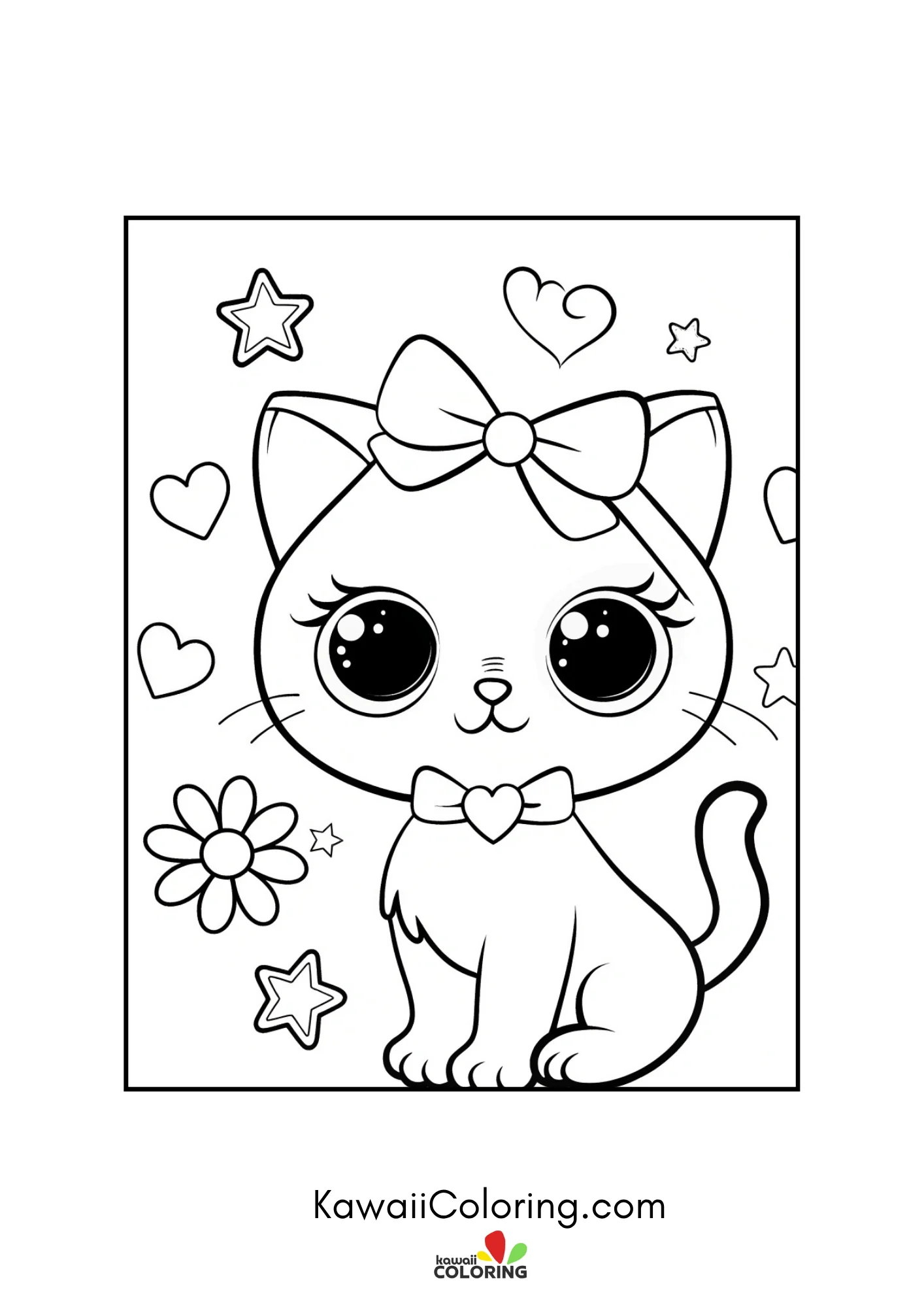 Standing kitten with bow and floral corner