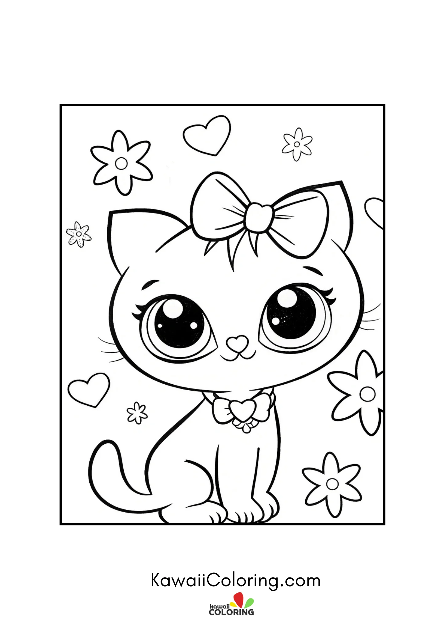 Kitten with bow collar among hearts and flowers