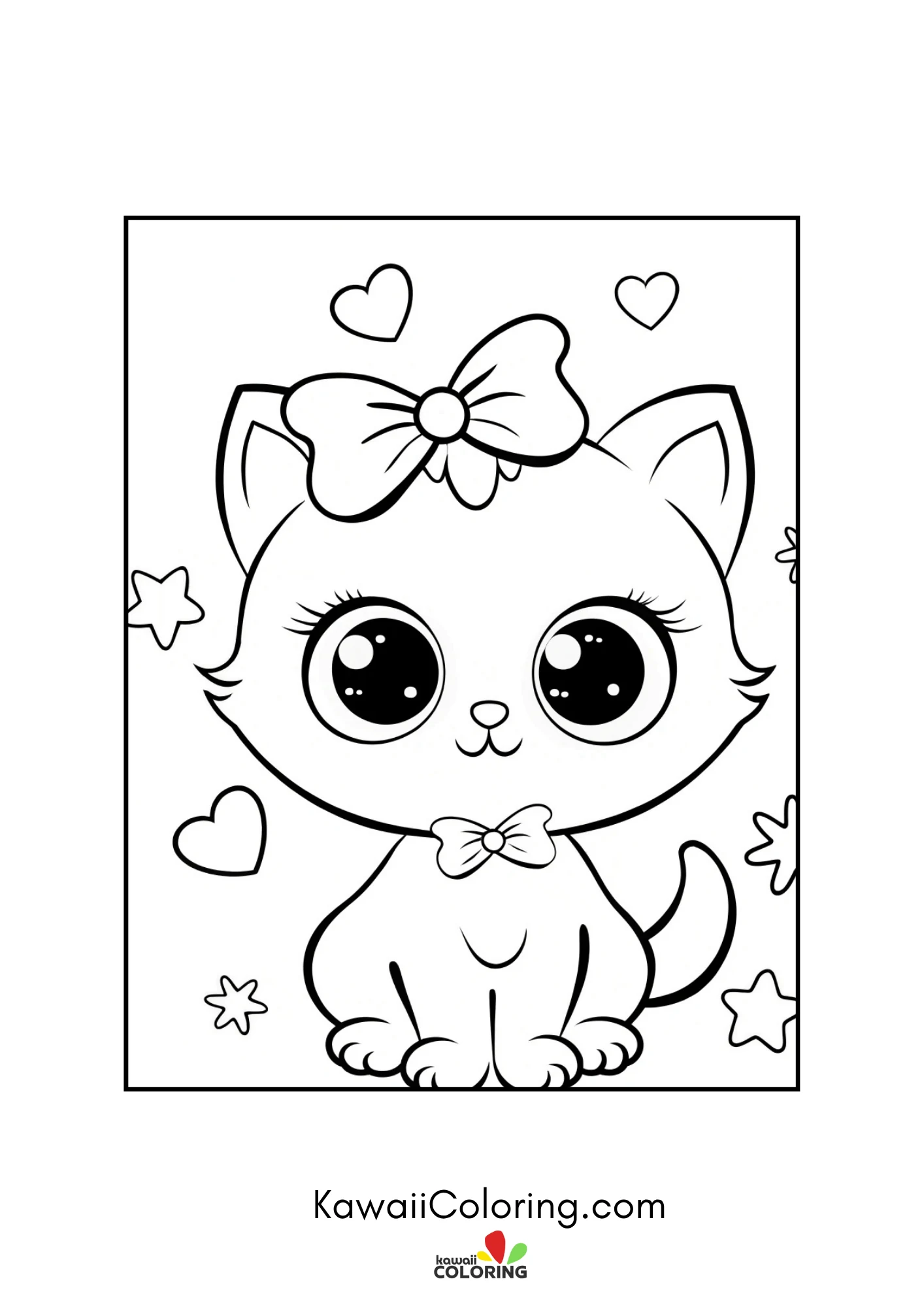 Kitten wearing head bow with hearts around