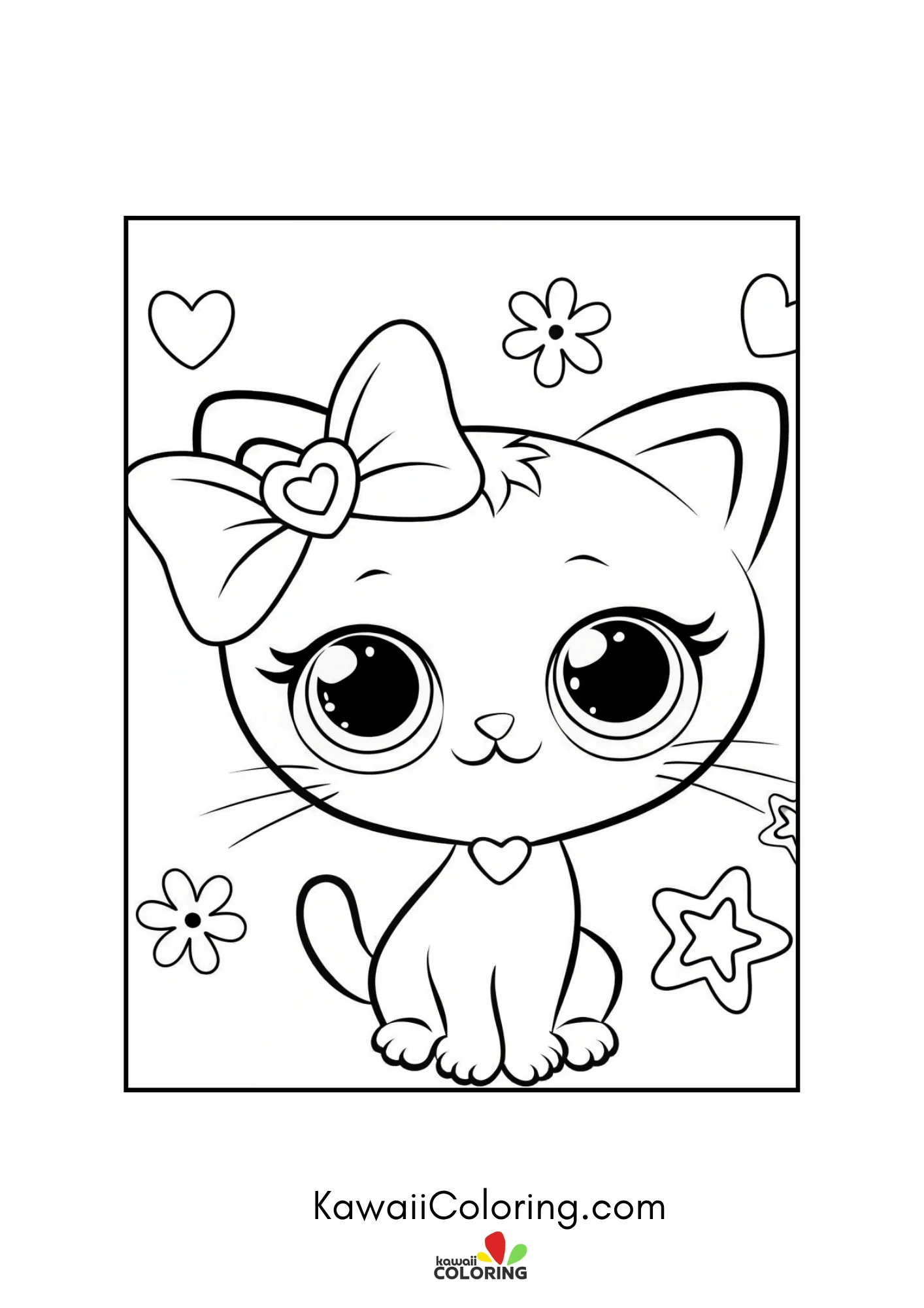 Kitten portrait with bow and blossom border