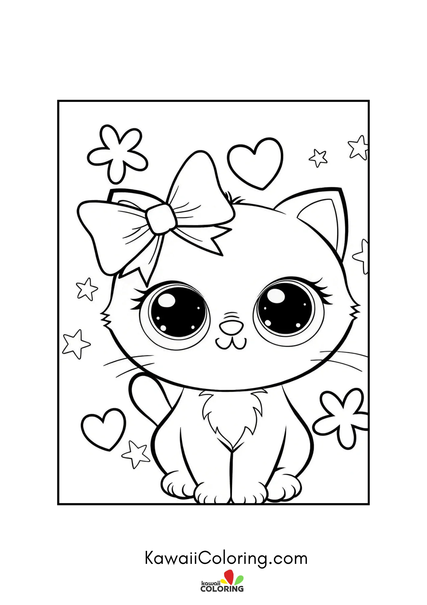 Fluffy kitten with head bow and hearts
