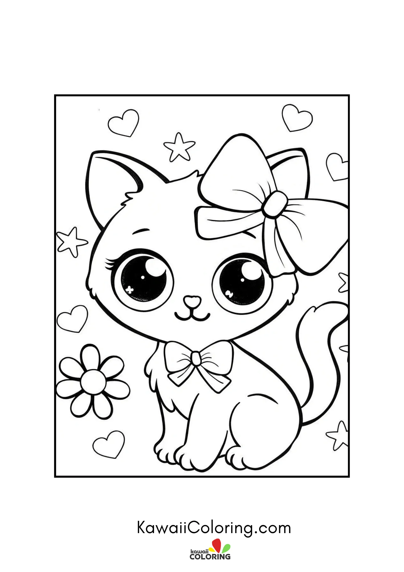 Smiling kitten with side bow and flowers