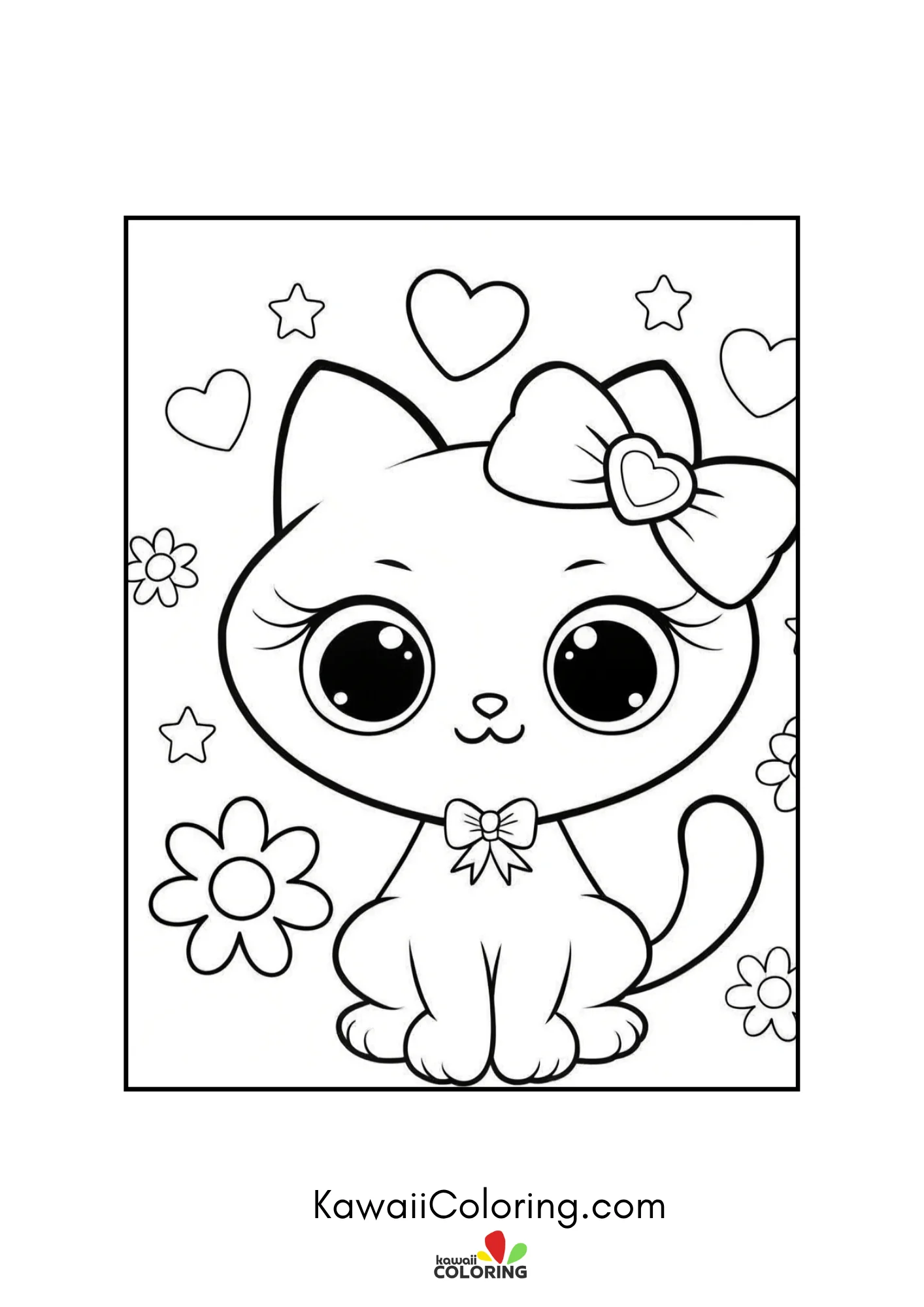 Fluffy kitten with bow, hearts, and flower