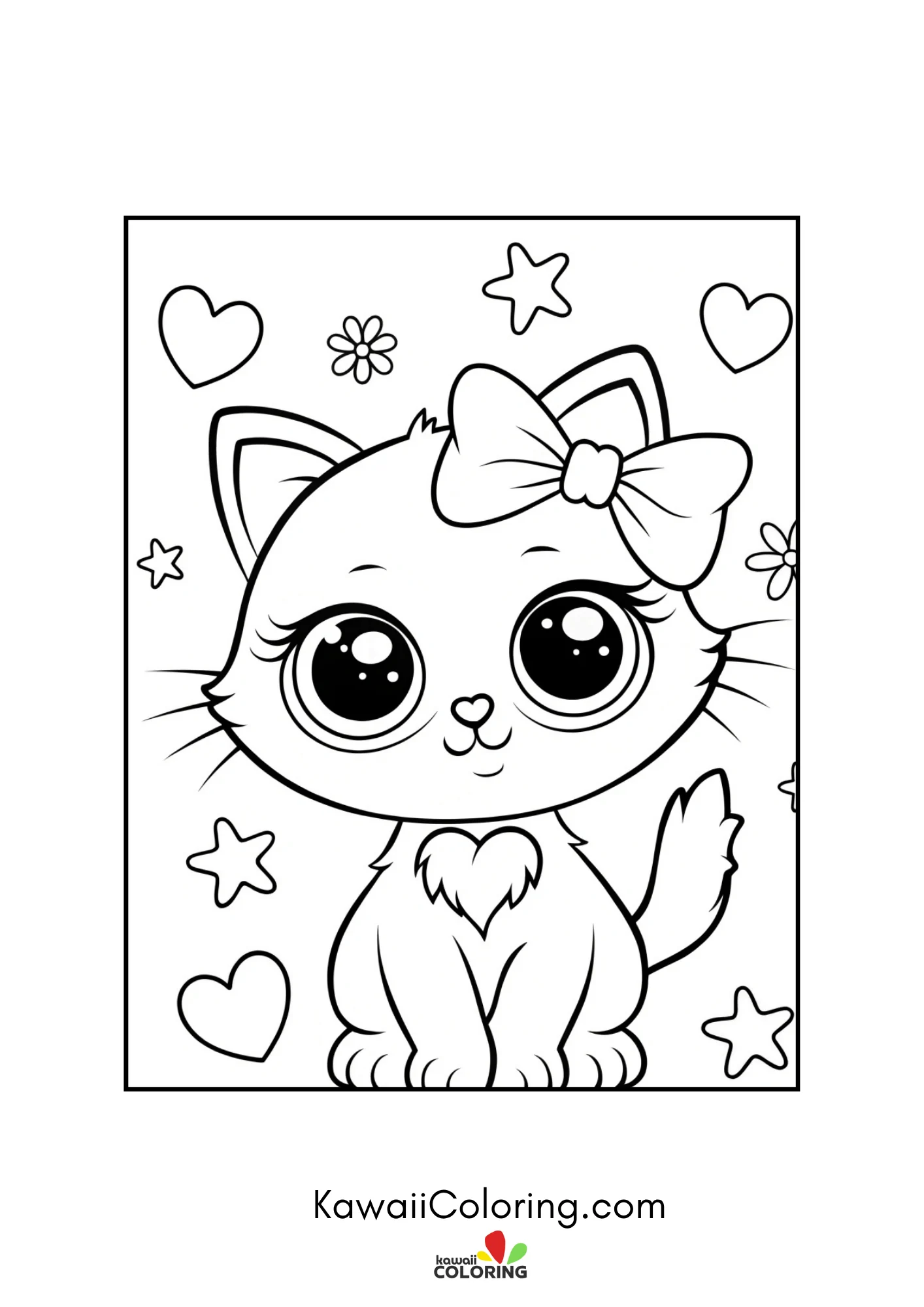 Fluffy kitten with hair bow and heart background