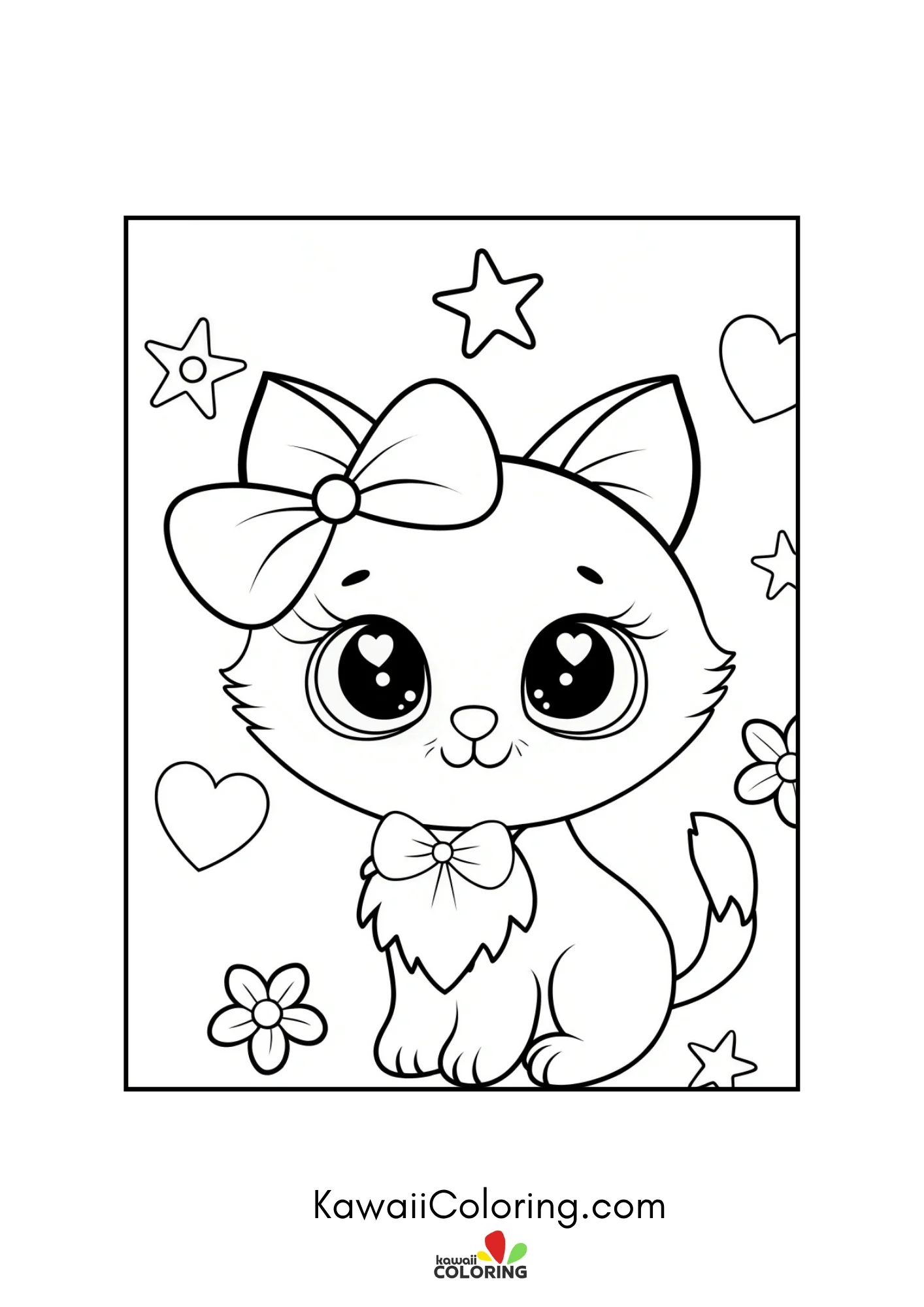 Fluffy kitten with oversized bow and stars
