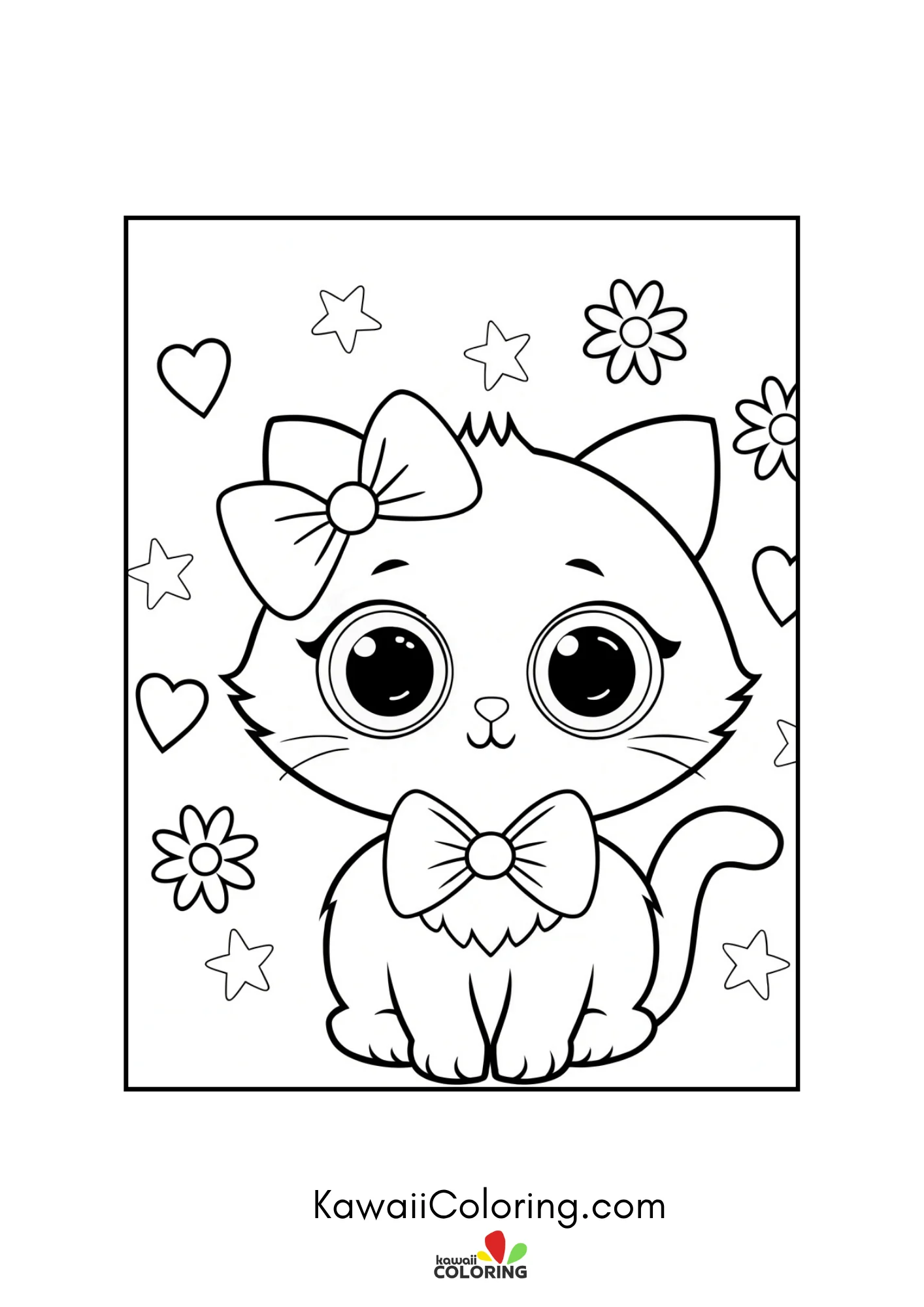 Fluffy kitten holding paws with flowers and hearts