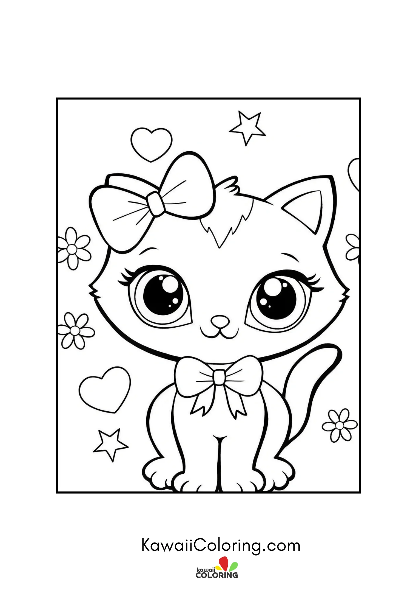 Kitten with bow and flowers in corners