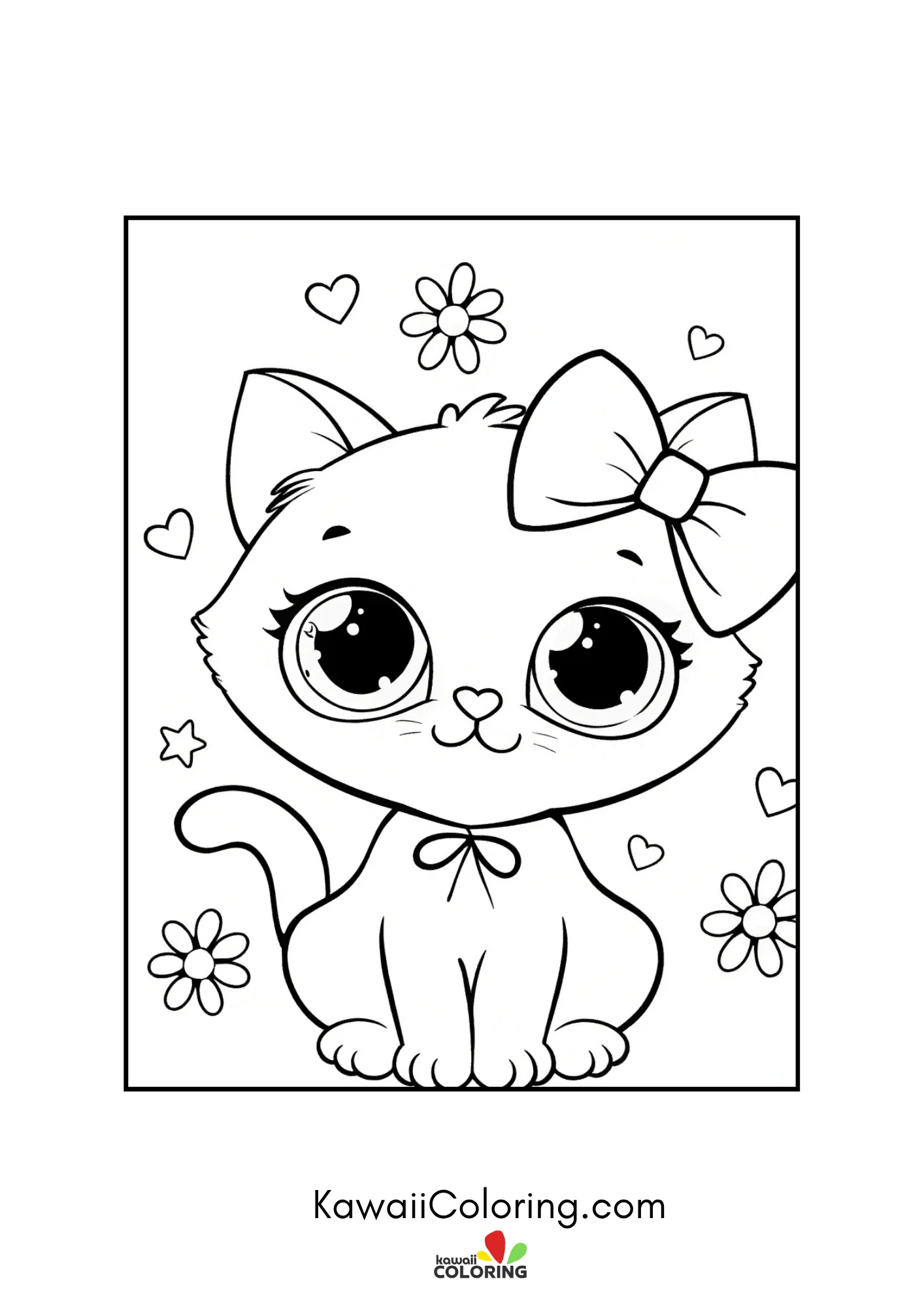 Sitting kitten with hair bow and flowers