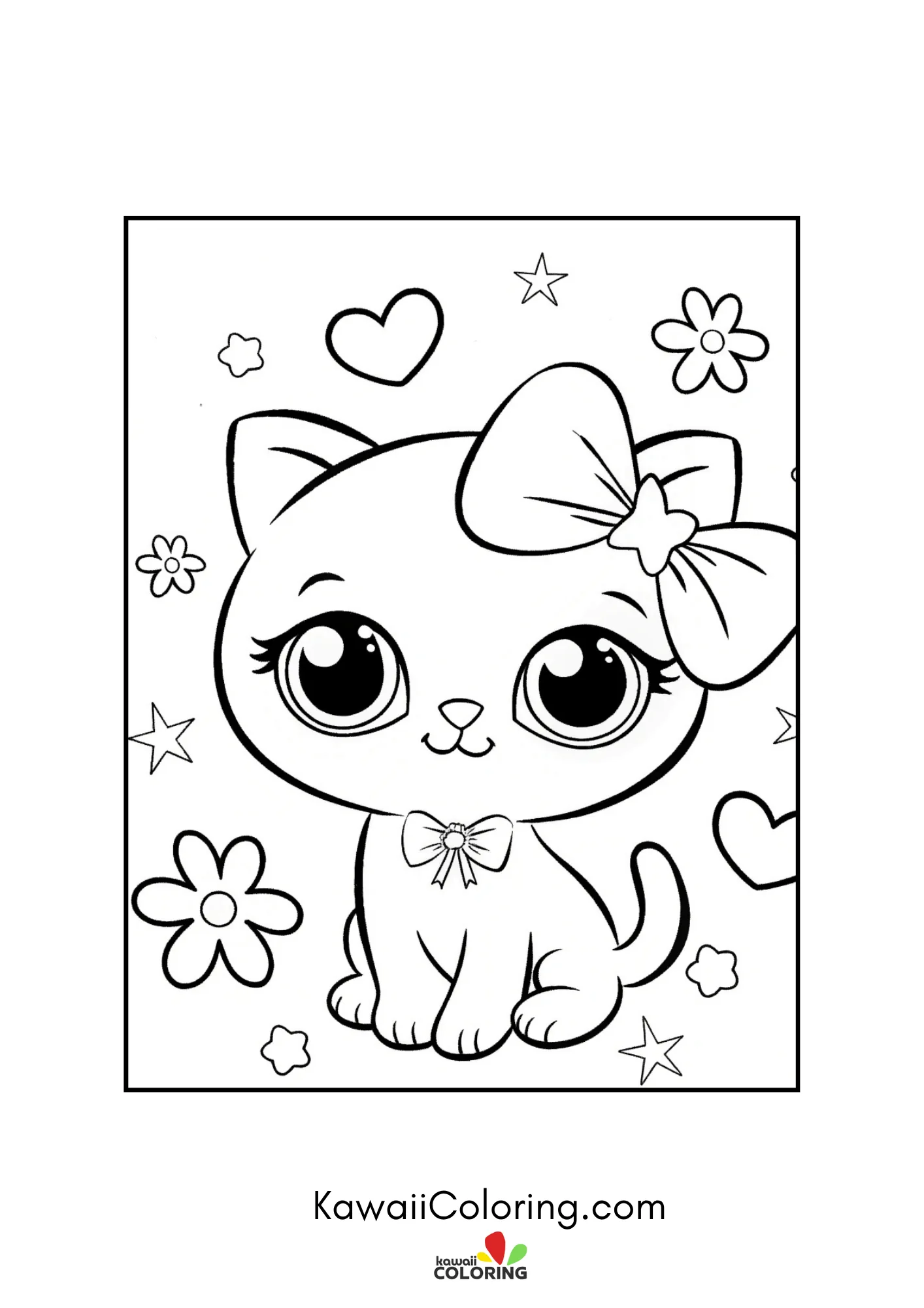Kitten with side bow surrounded by flowers