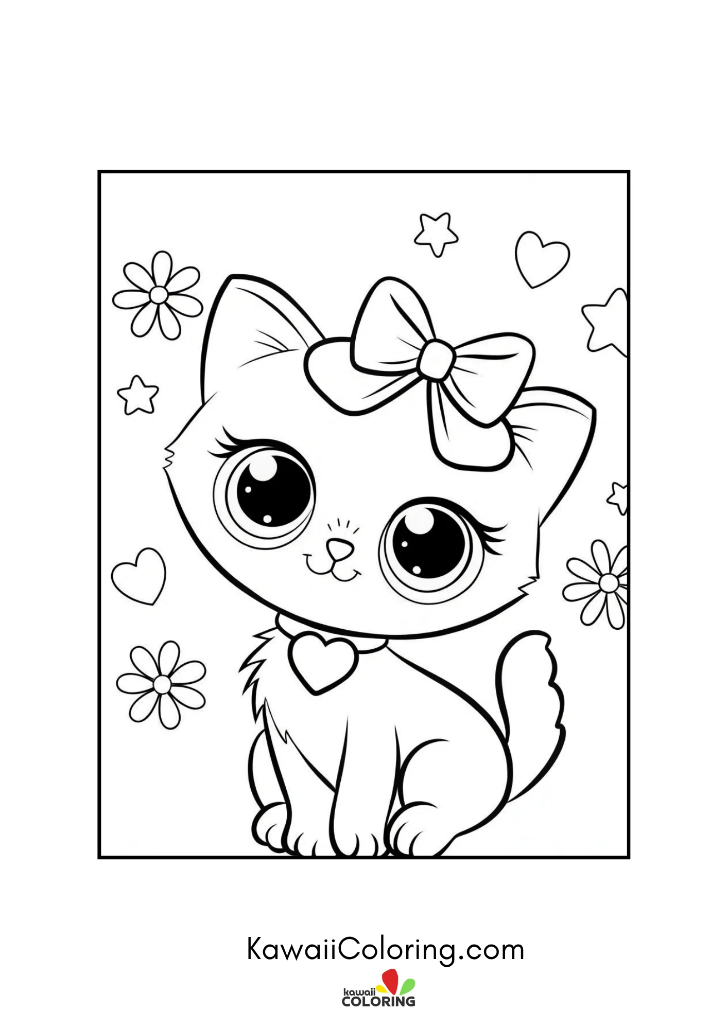 Smiling kitten with head bow among flowers