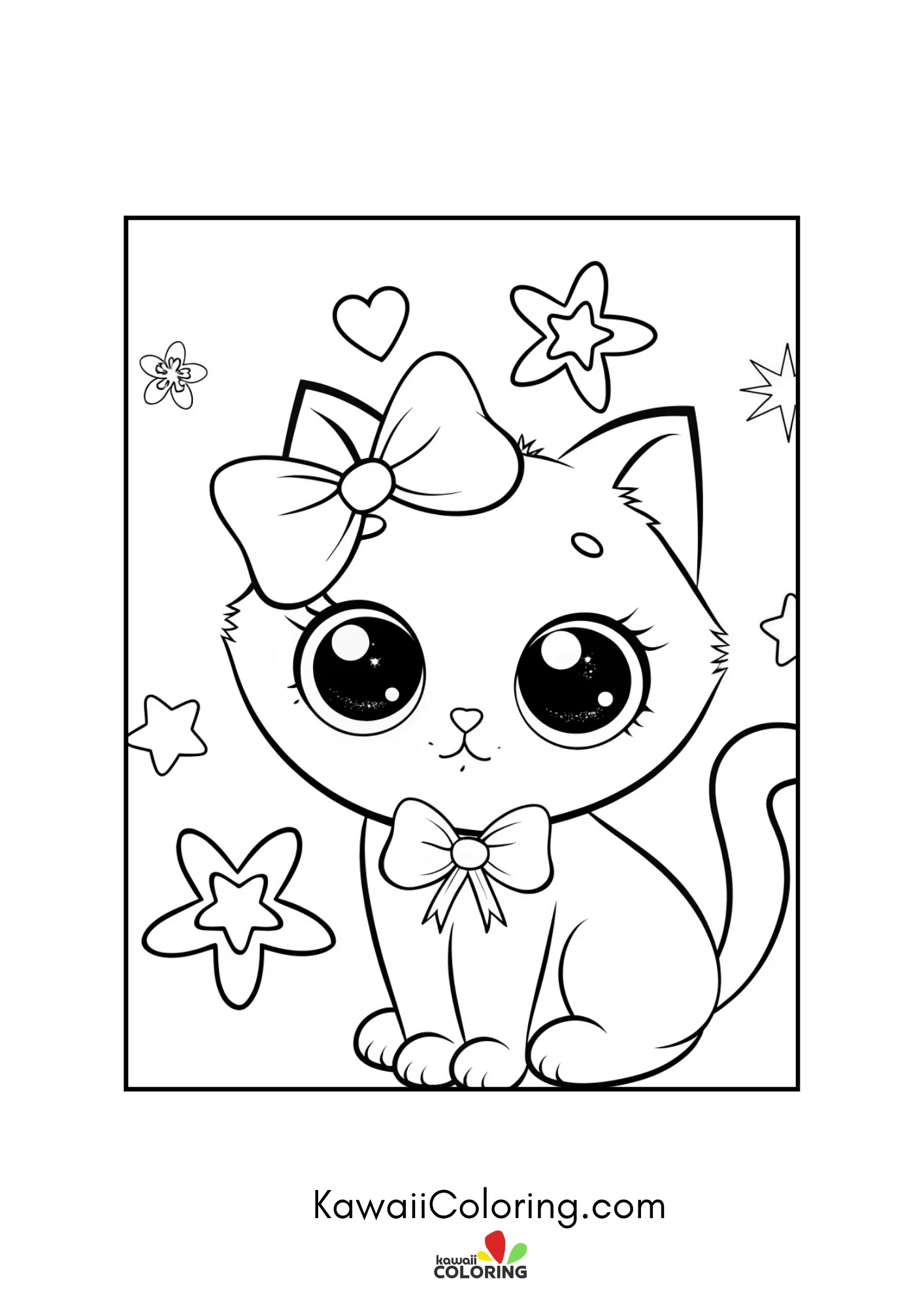 Sitting kitten with bow and floating hearts