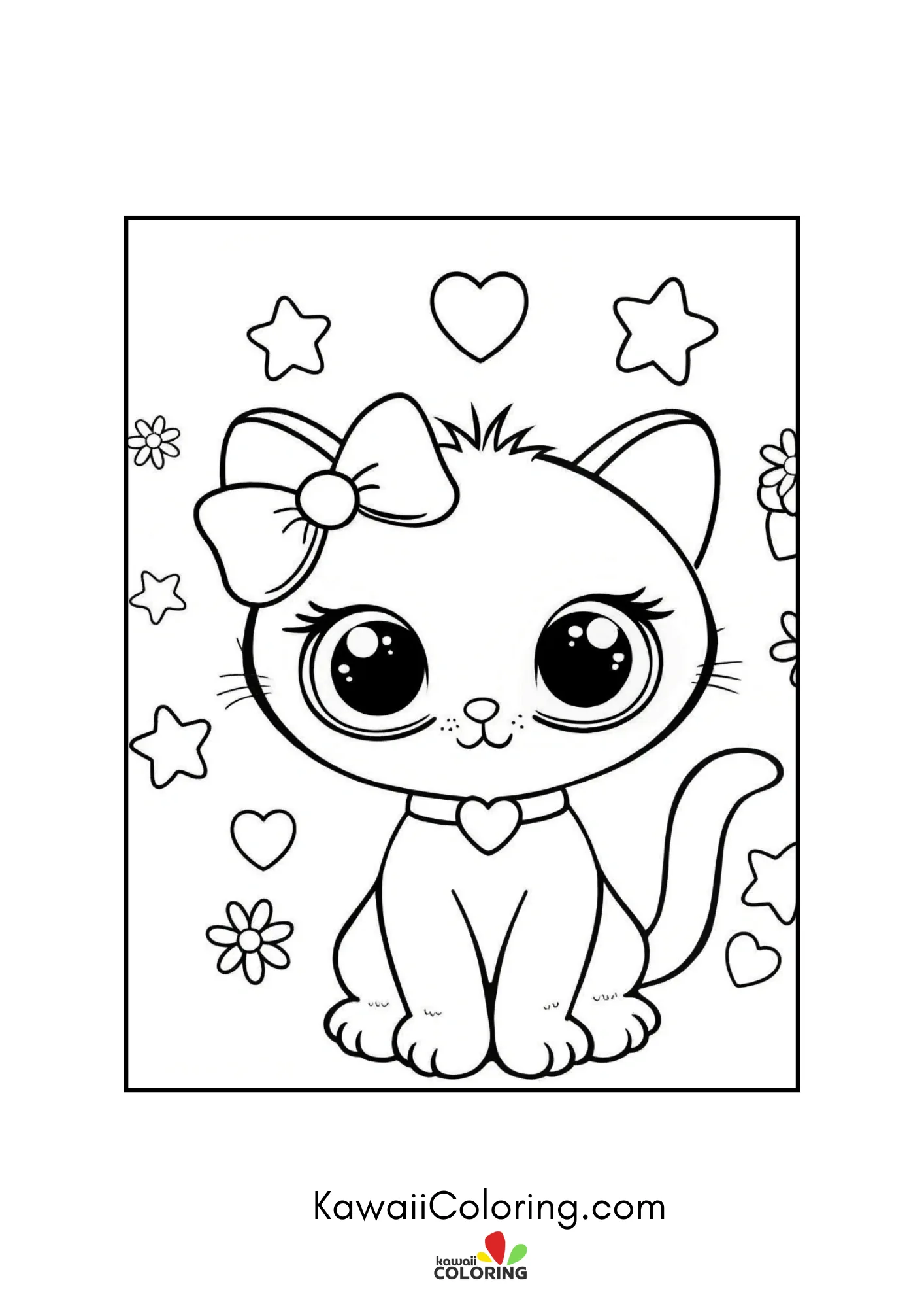 Kitten with small bow and starry flowers